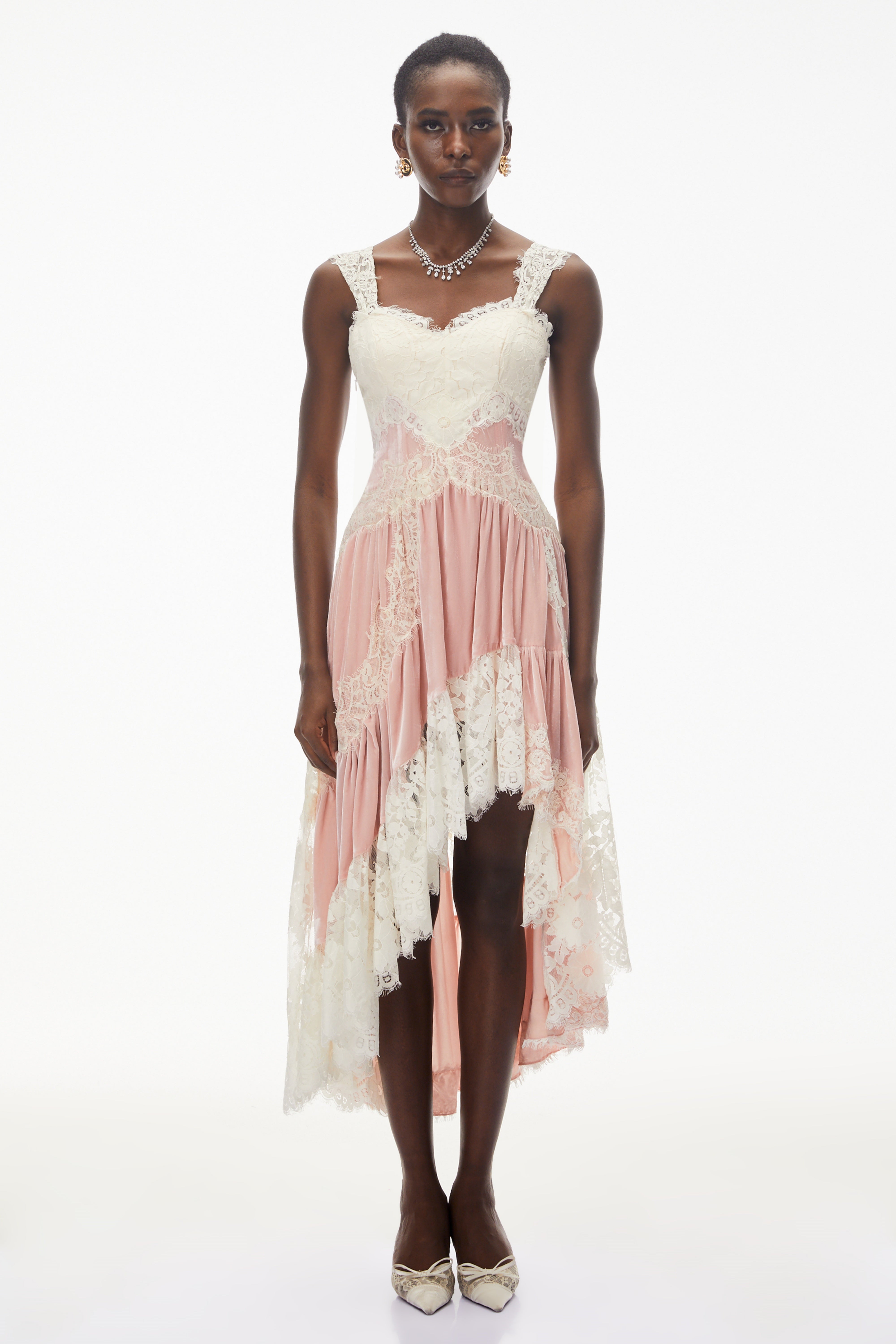 Shira Pink Color Block Maxi Dress with Lace Panels