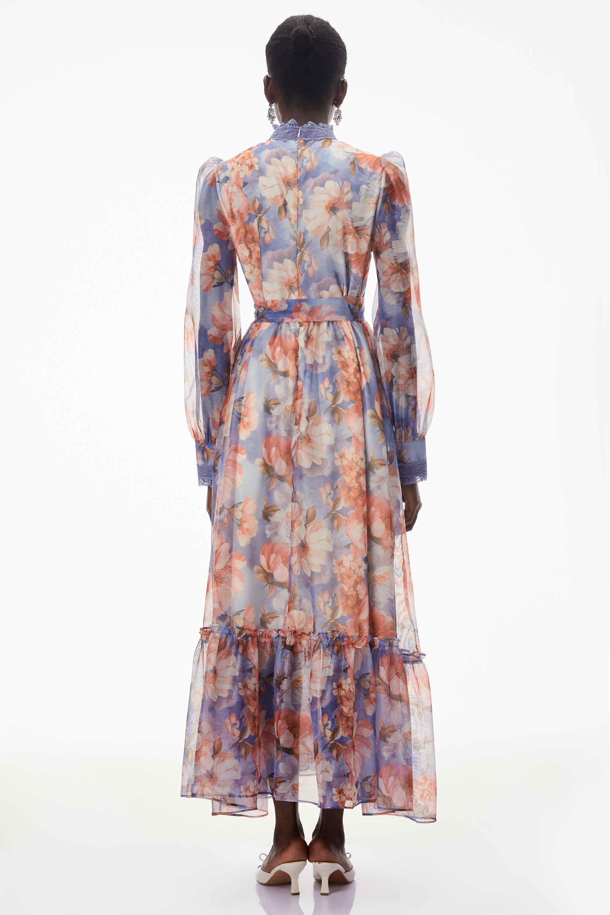Sibyl Blue Floral Print Lace Trim Maxi Dress