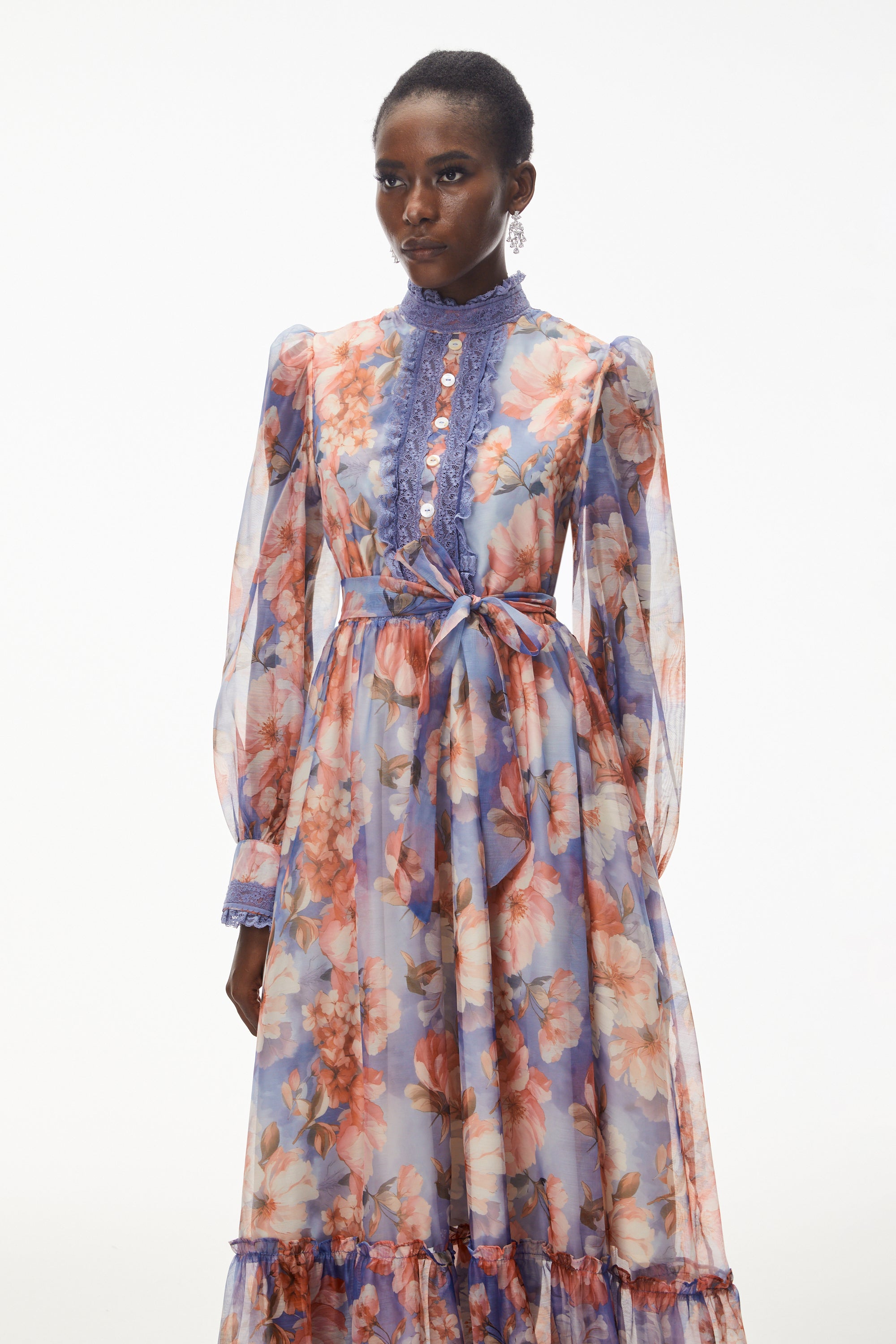 Sibyl Blue Floral Print Lace Trim Maxi Dress