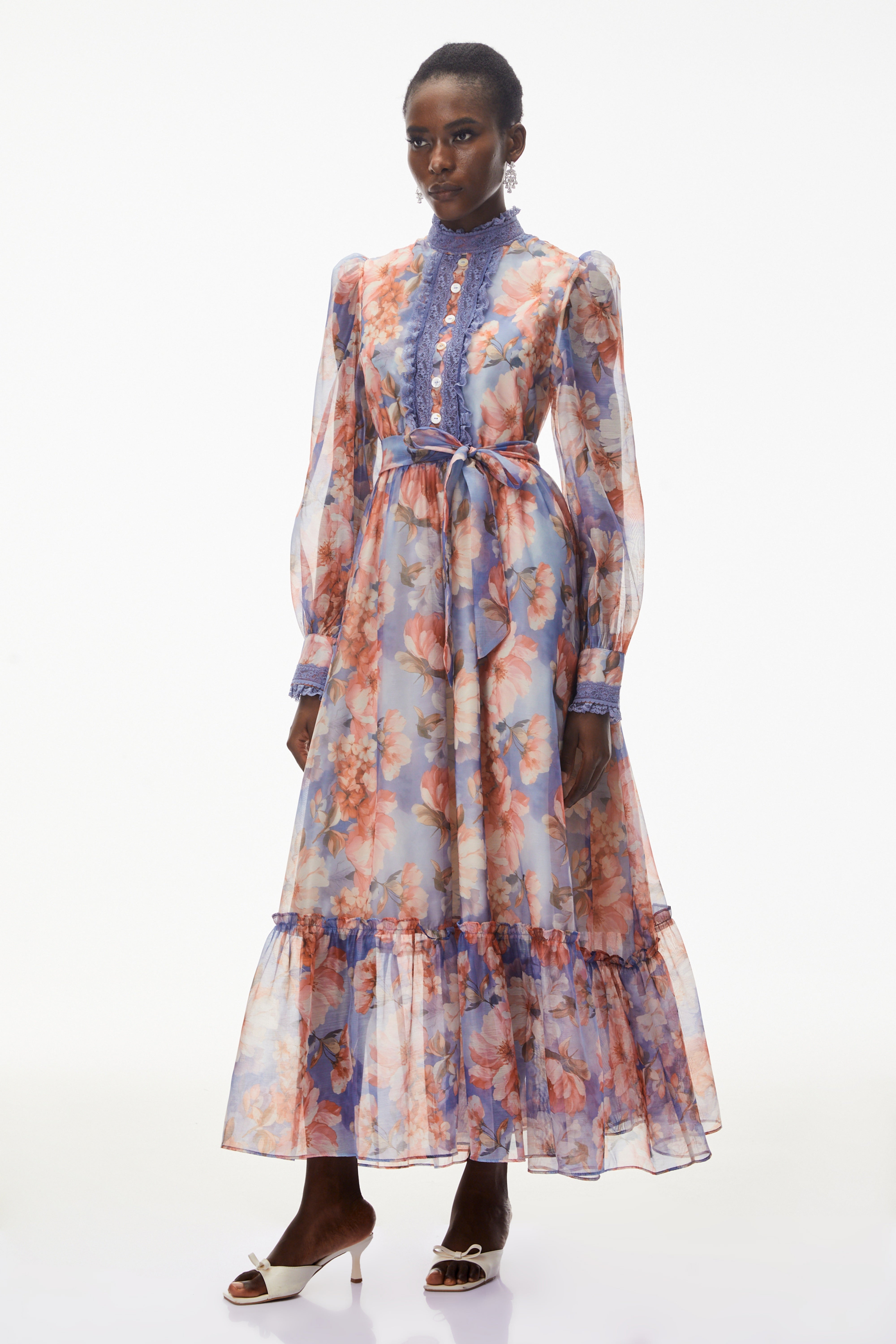 Sibyl Blue Floral Print Lace Trim Maxi Dress