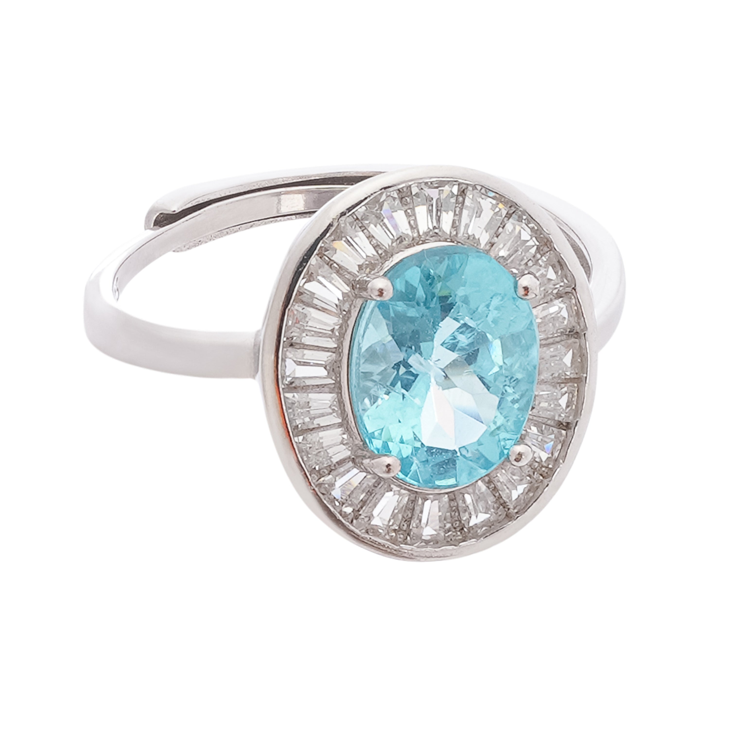 Sierra Blue Oval Cut Ballerina Halo Sterling Silver Ring