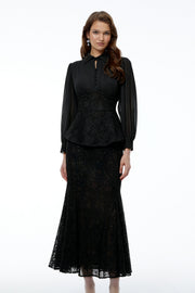 Sigrid Black Lace Panel Blouse & Skirt Set