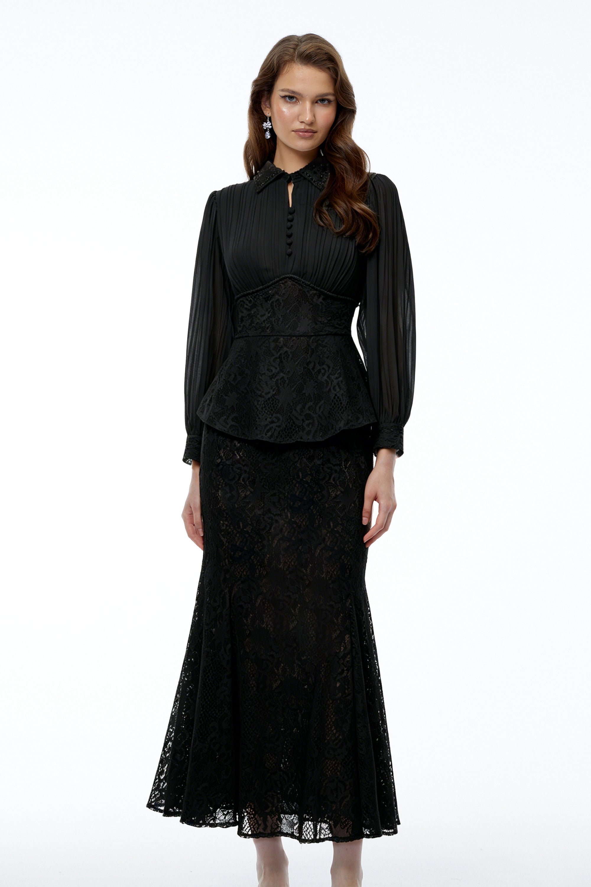 Sigrid Black Lace Panel Blouse & Skirt Set