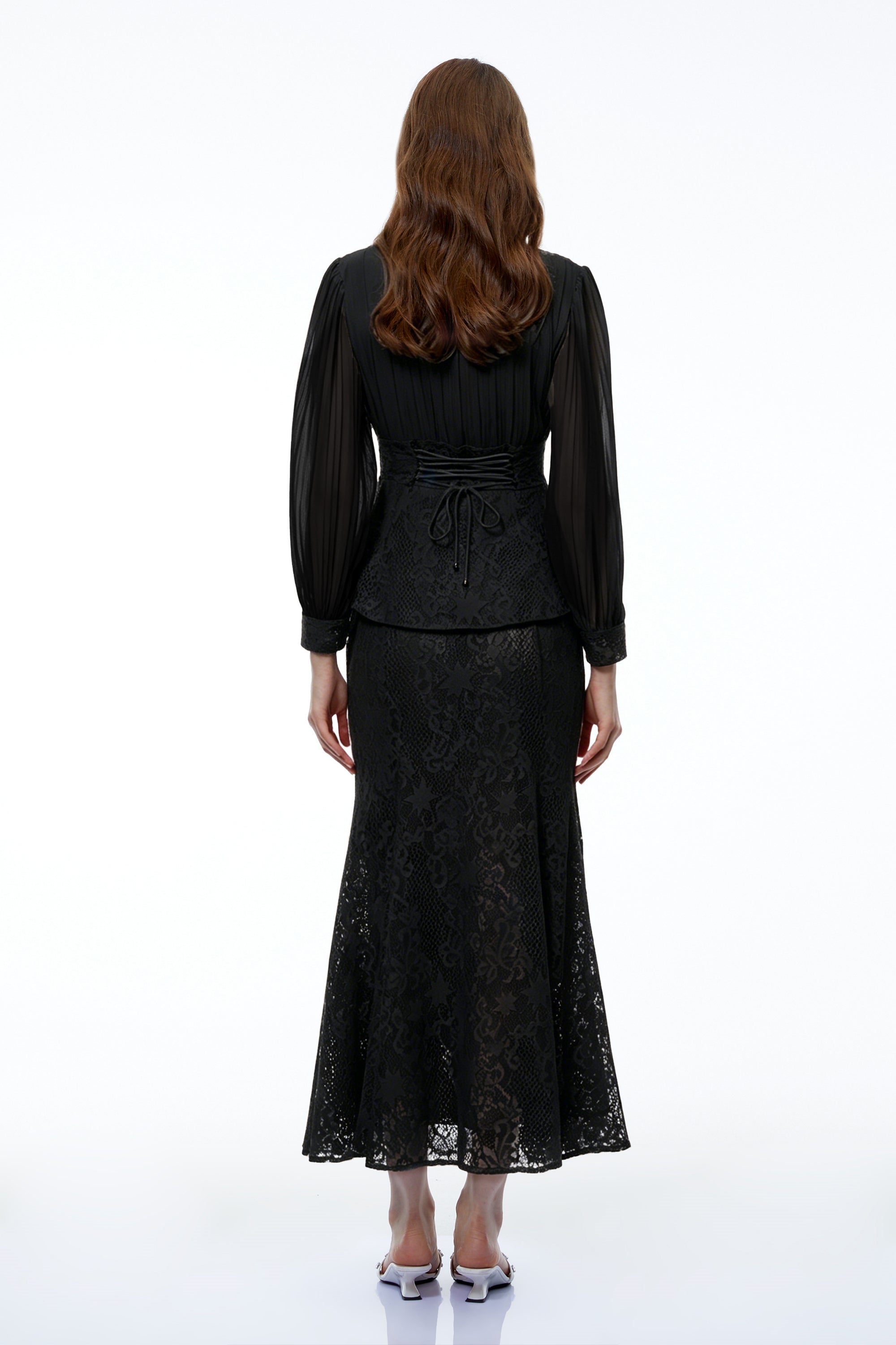 Sigrid Black Lace Panel Blouse & Skirt Set
