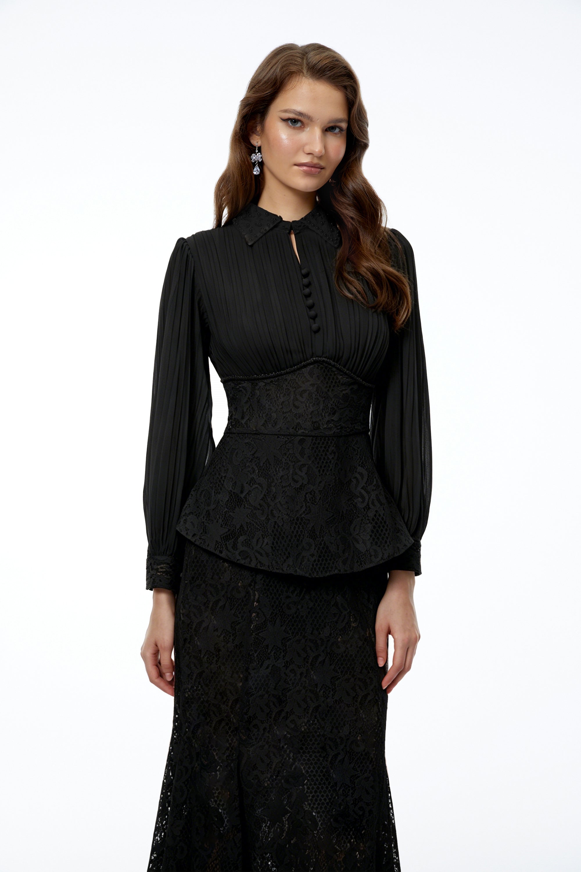 Sigrid Black Lace Panel Blouse & Skirt Set