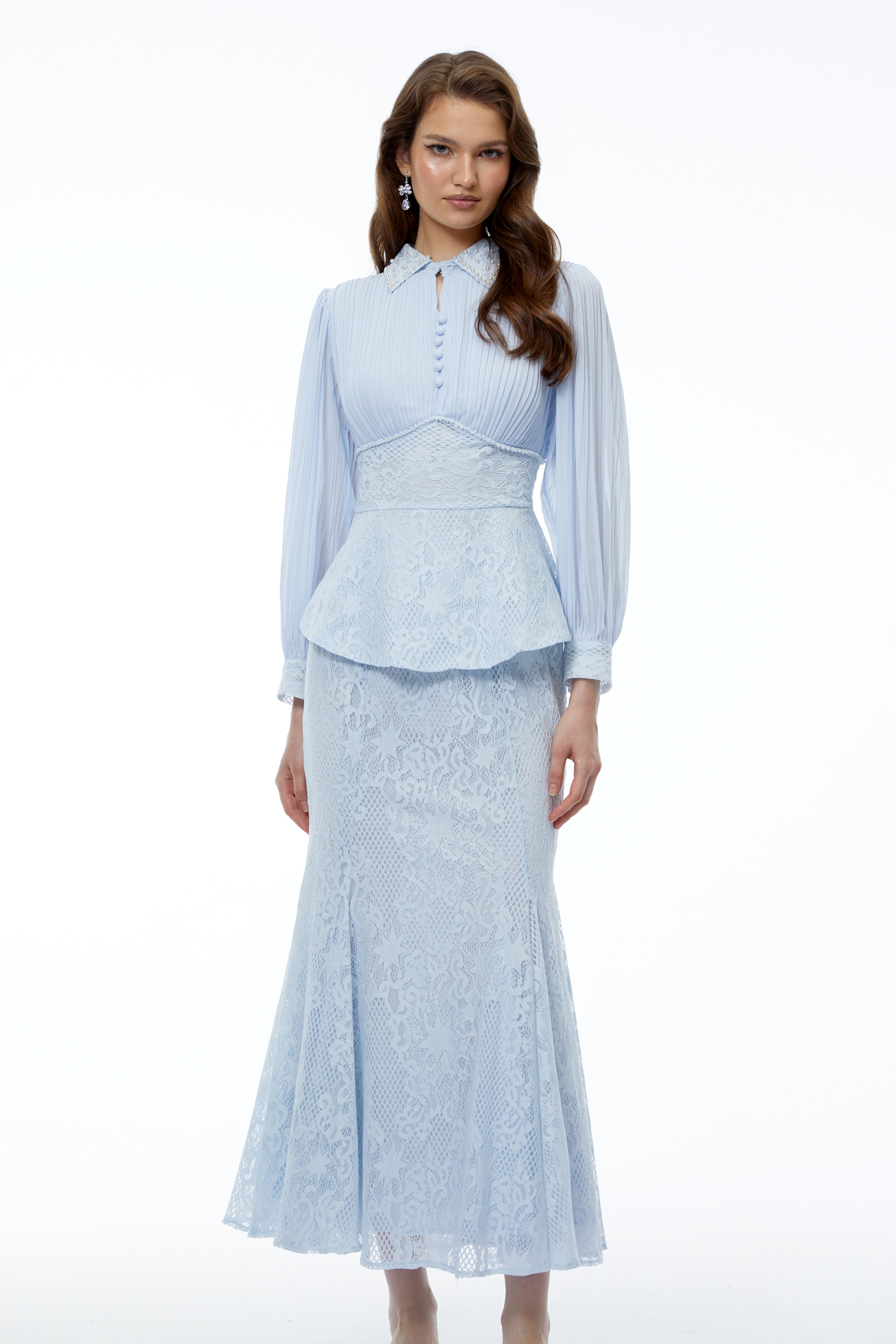 Sigrid Blue Lace Panel Blouse & Skirt Set