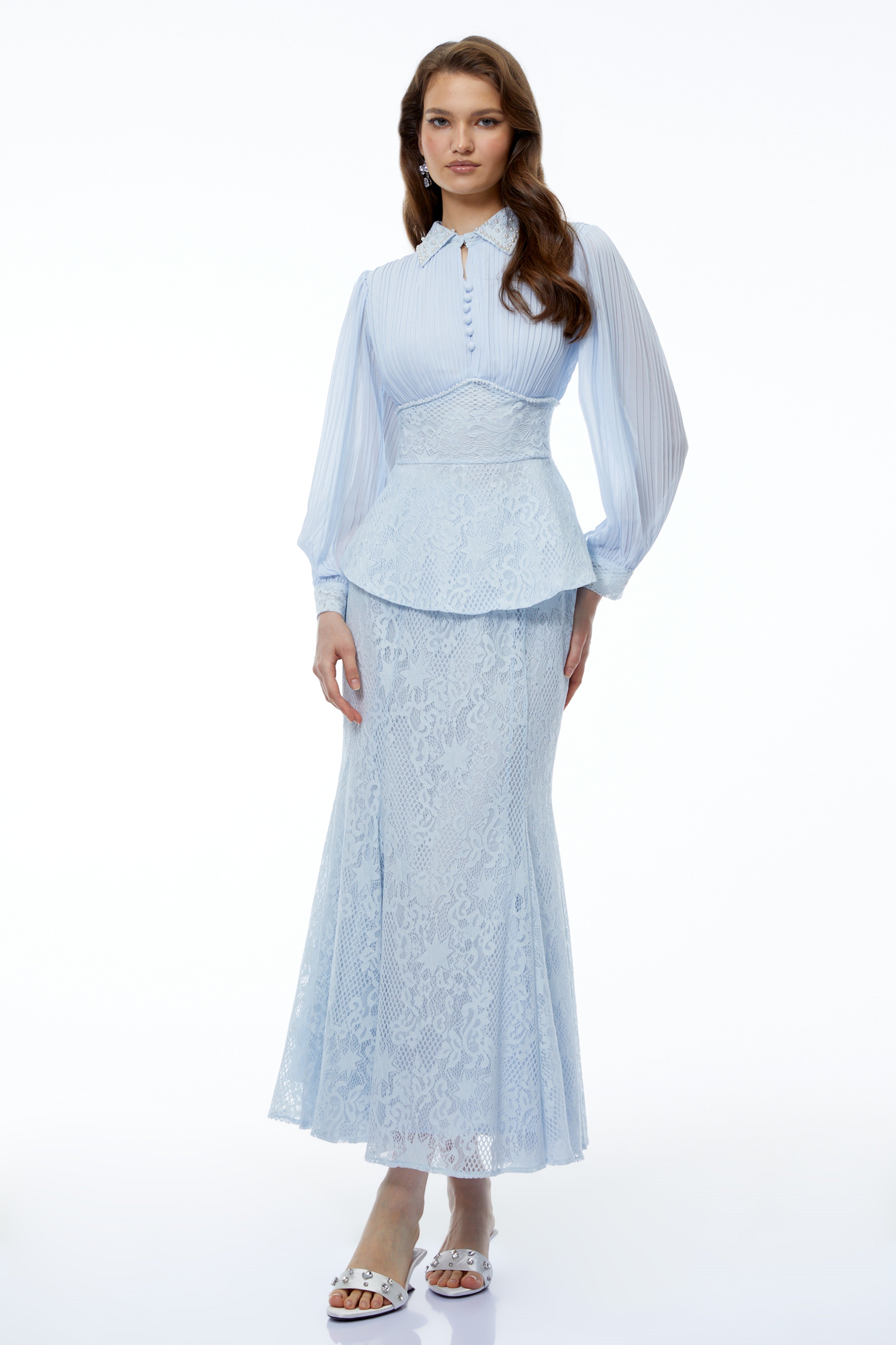 Sigrid Blue Lace Panel Blouse & Skirt Set