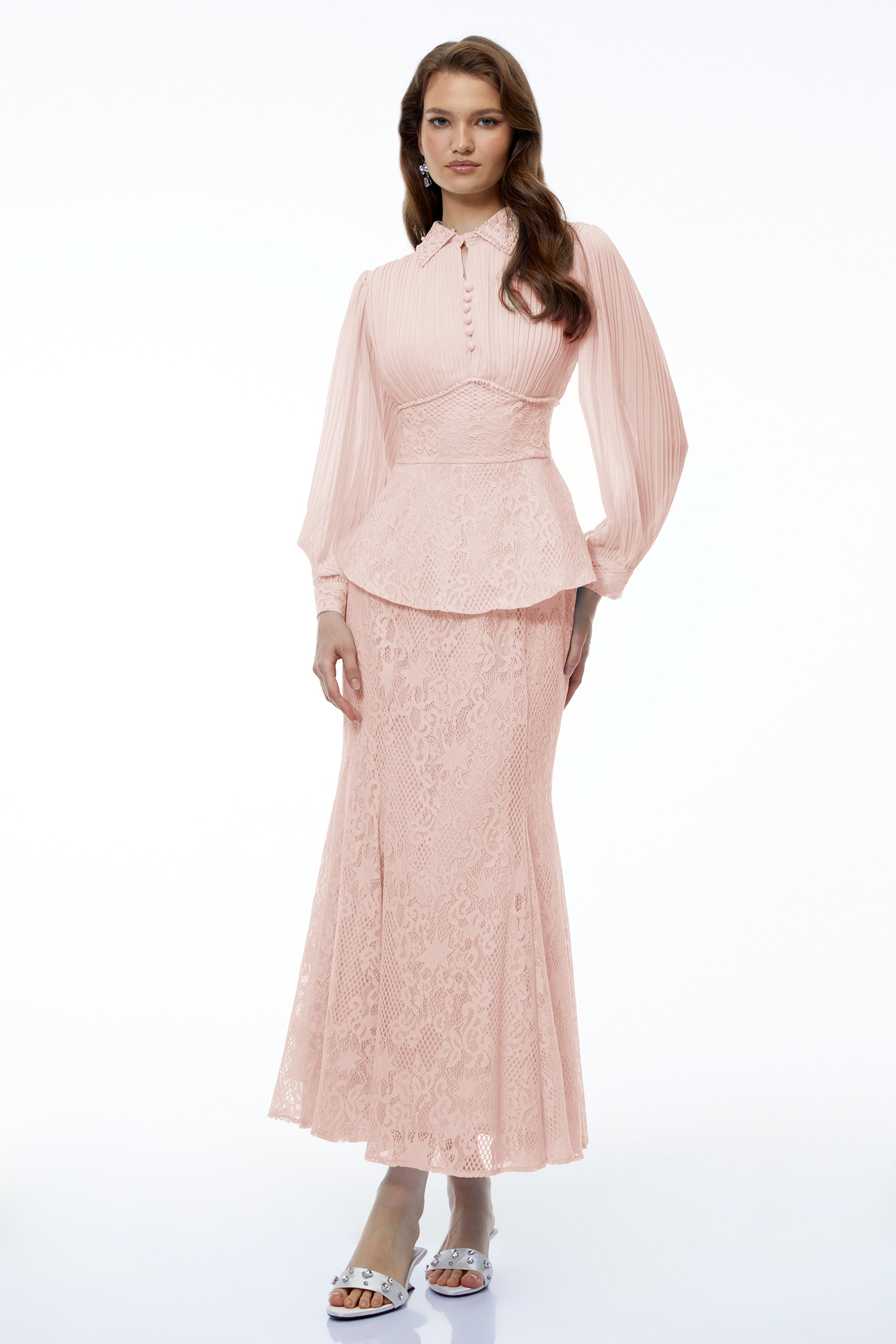 Sigrid Pink Lace Panel Blouse & Skirt Set