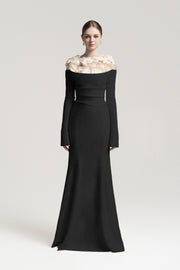 Silvia Black Floral Appliqué Off-Shoulder Gown