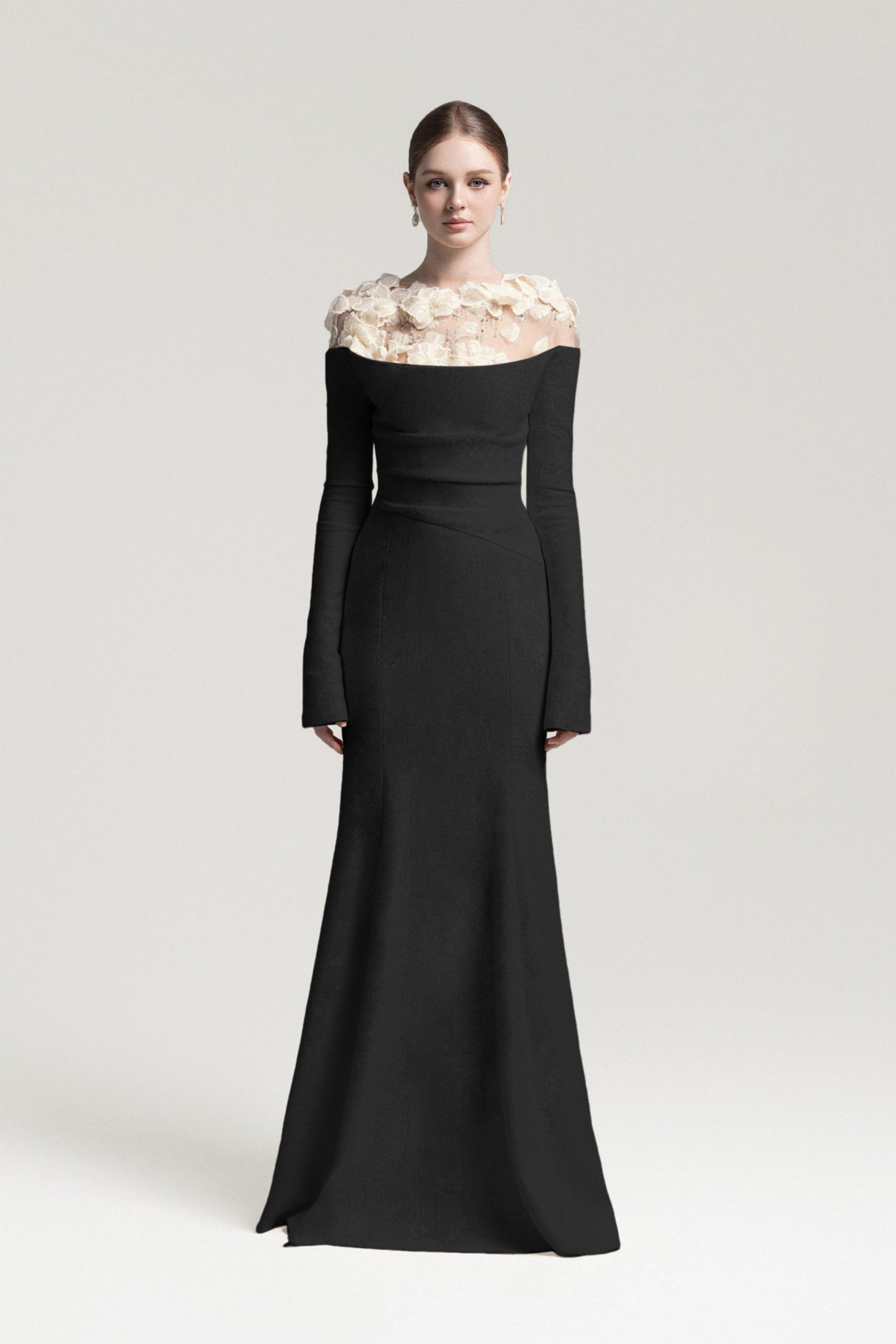 Silvia Black Floral Appliqué Off-Shoulder Gown