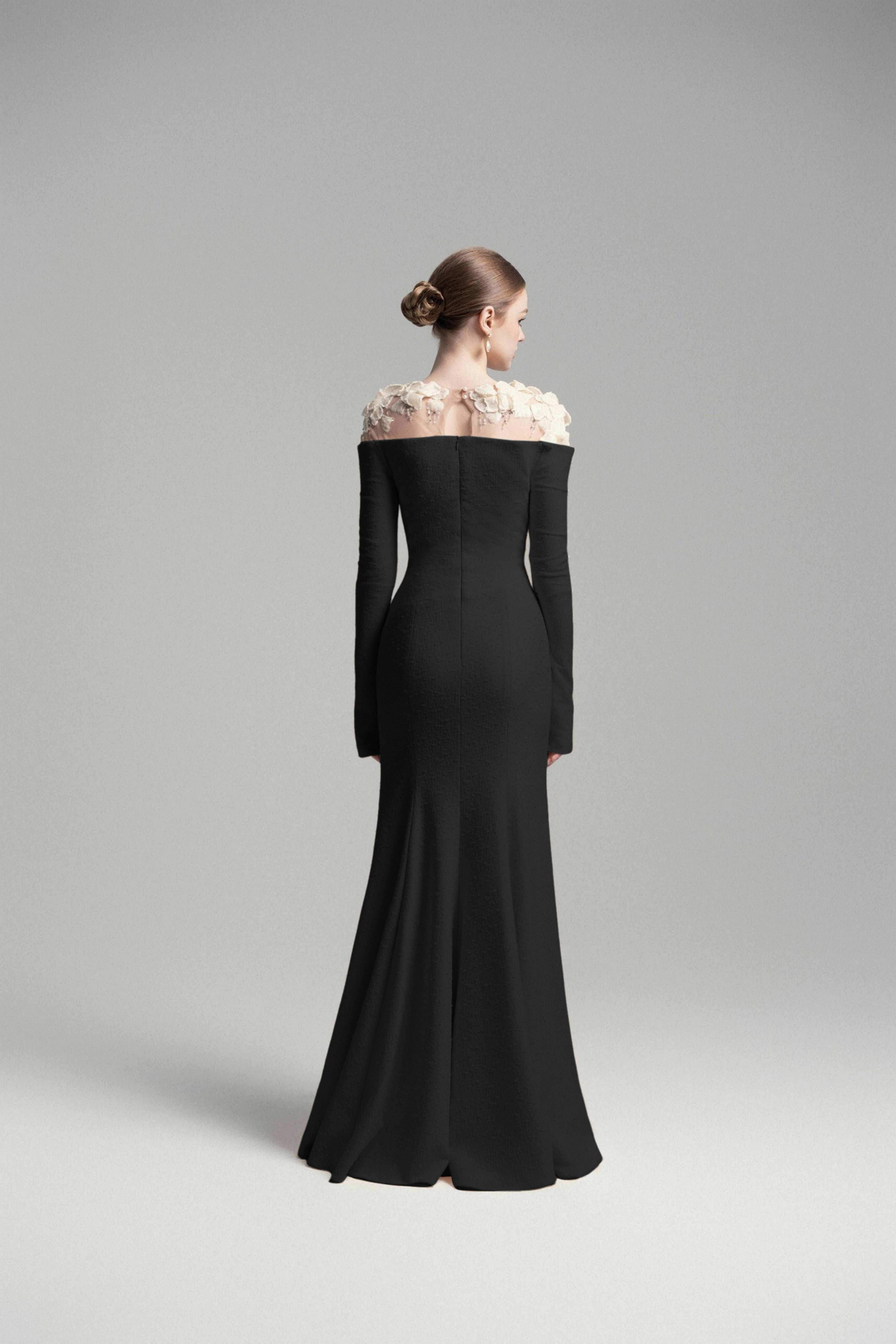 Silvia Black Floral Appliqué Off-Shoulder Gown