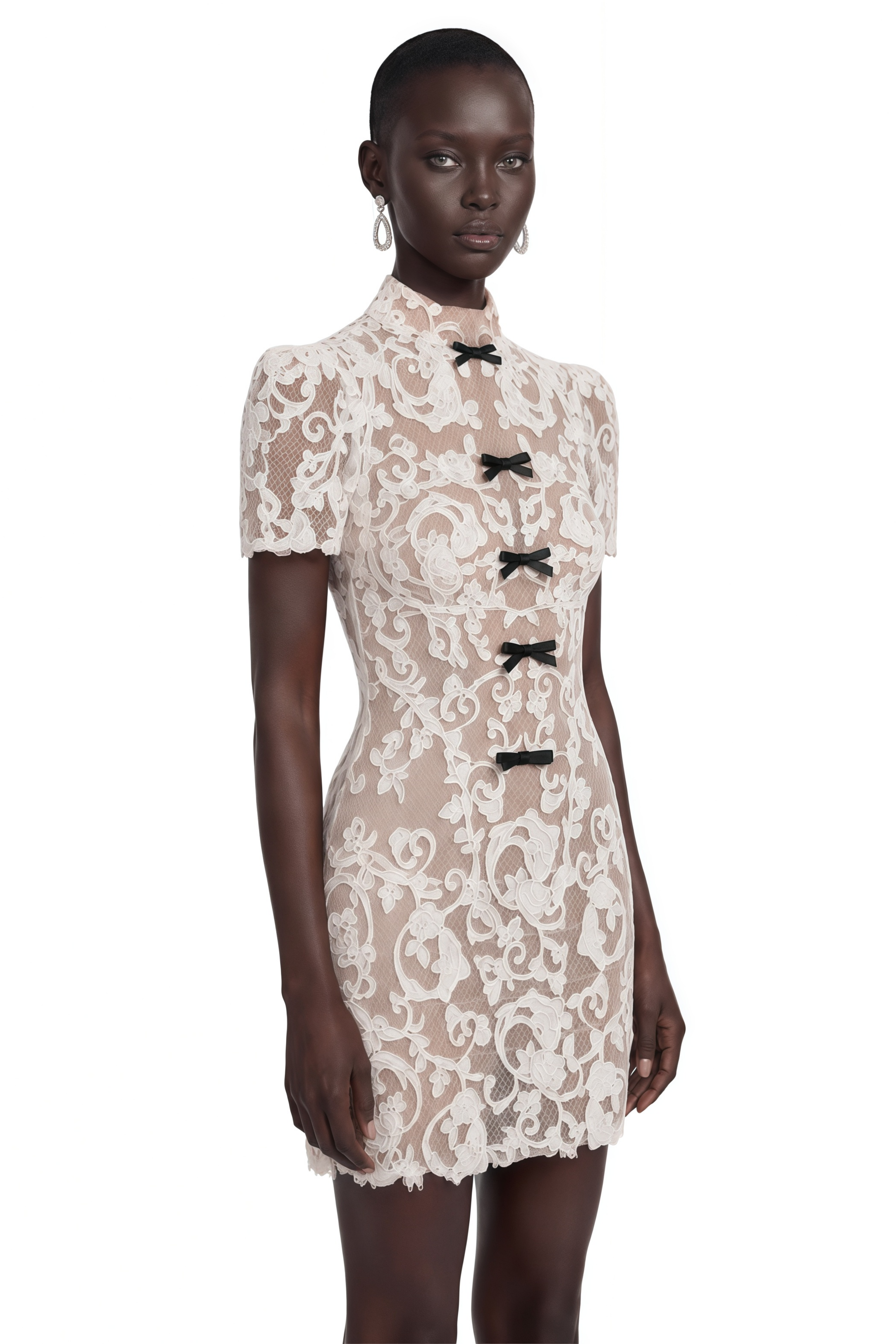 Simona Nude Lace Mini Dress with Bow Detail