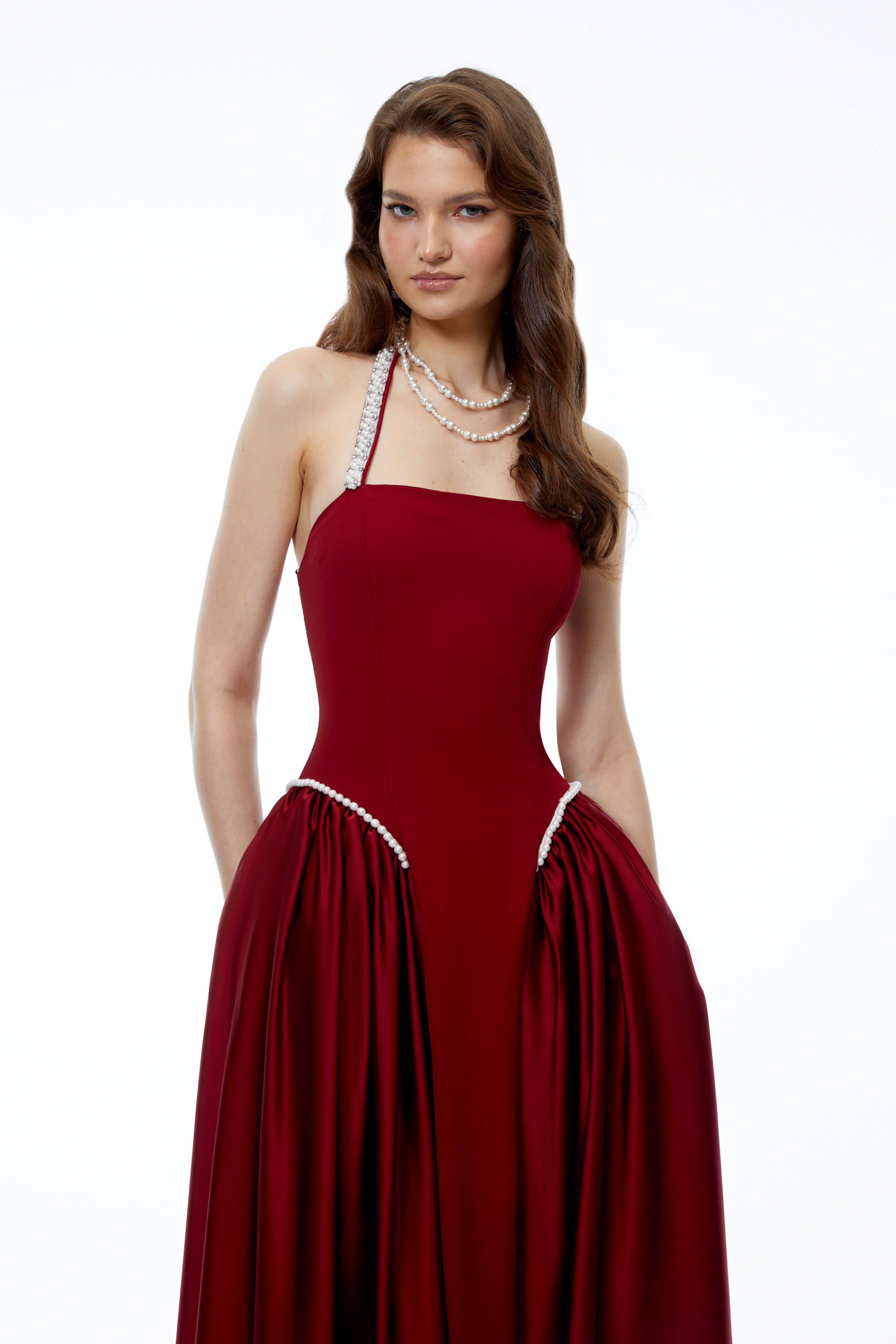 Siobhan Red Halterneck Maxi Dress with Pearl Trim
