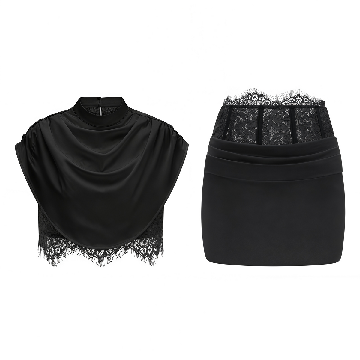 siosi black ruched top & skirt set with lace trim