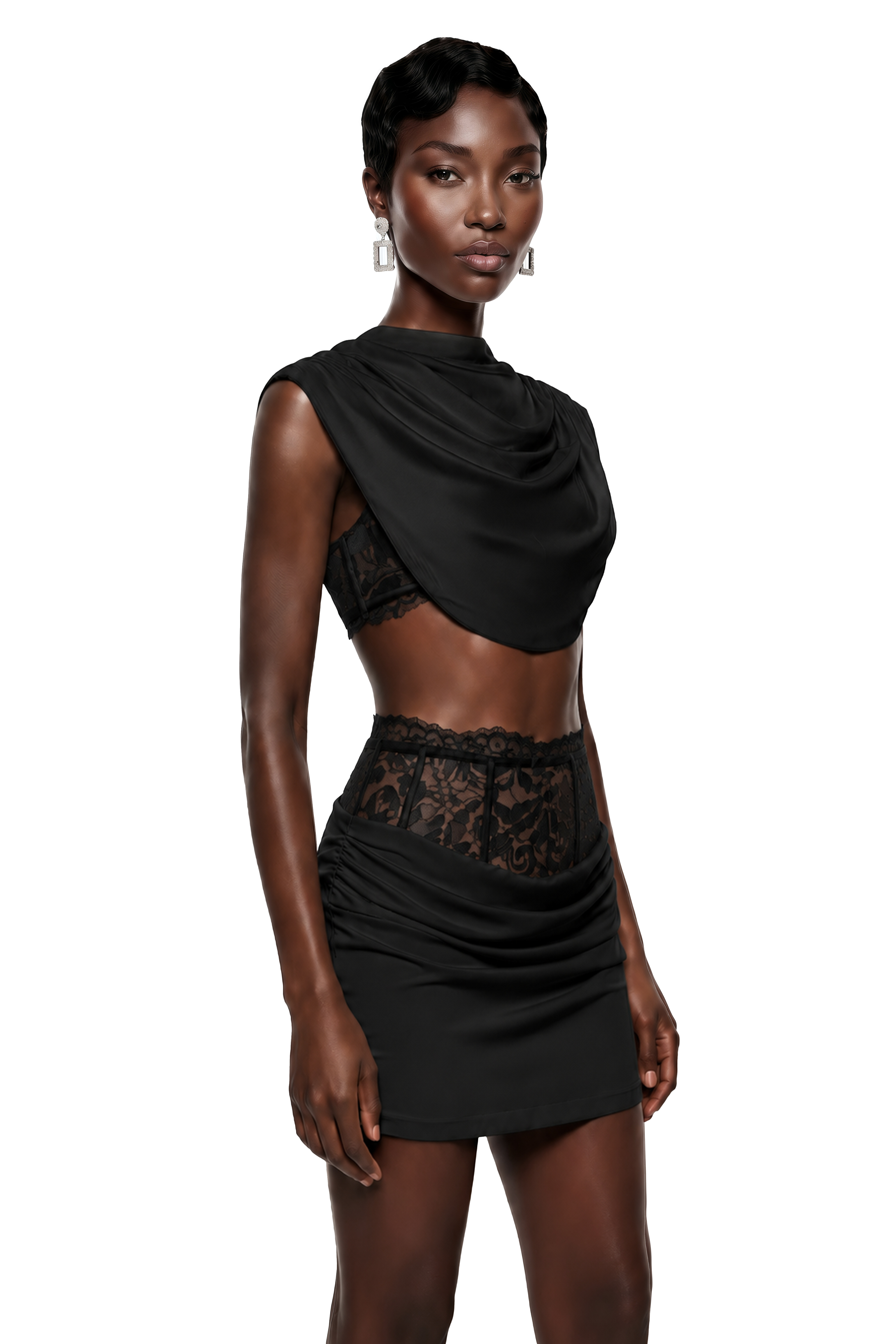 Siosi Black Ruched Top & Skirt Set with Lace Trim