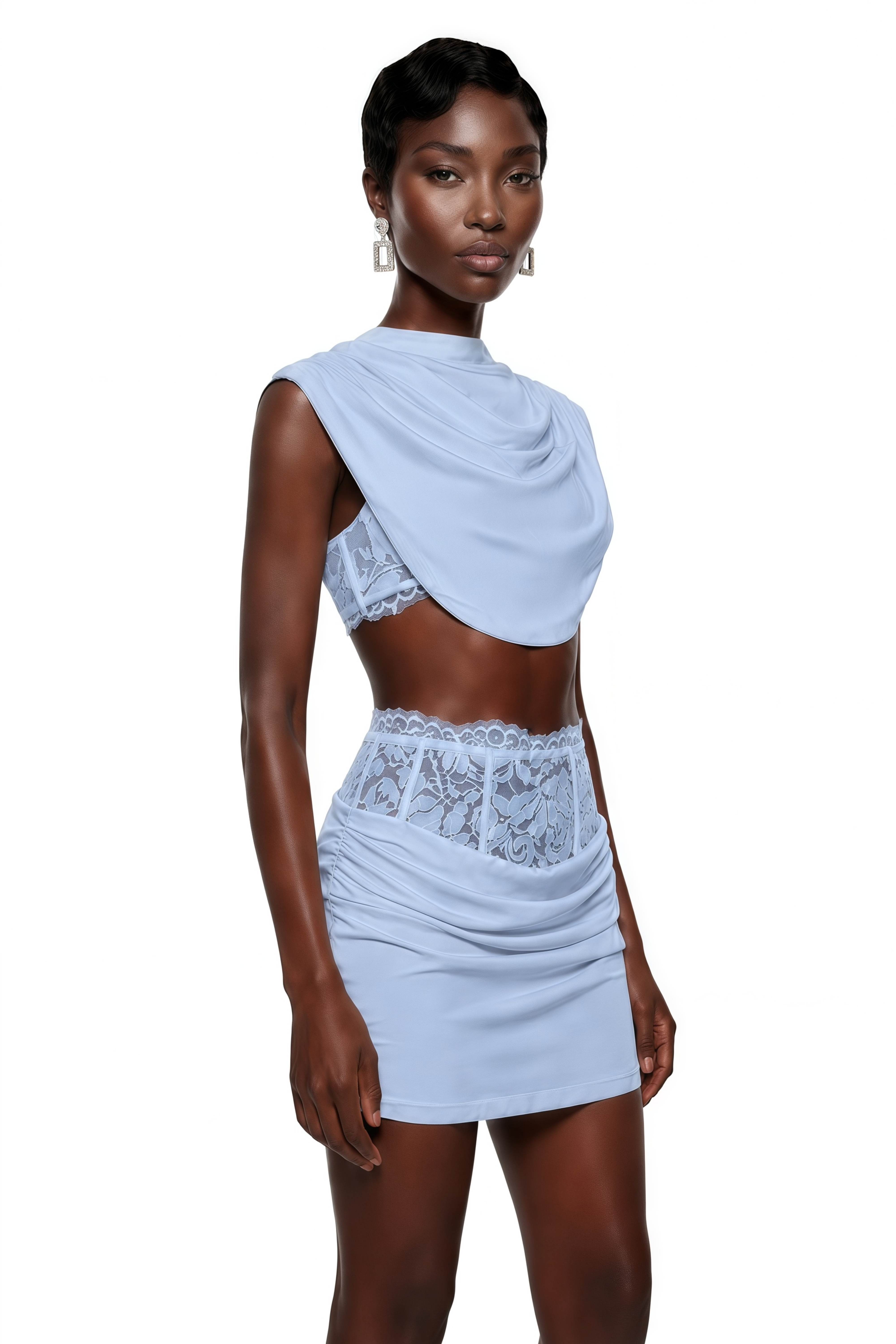 Siosi Blue Ruched Top & Skirt Set with Lace Trim