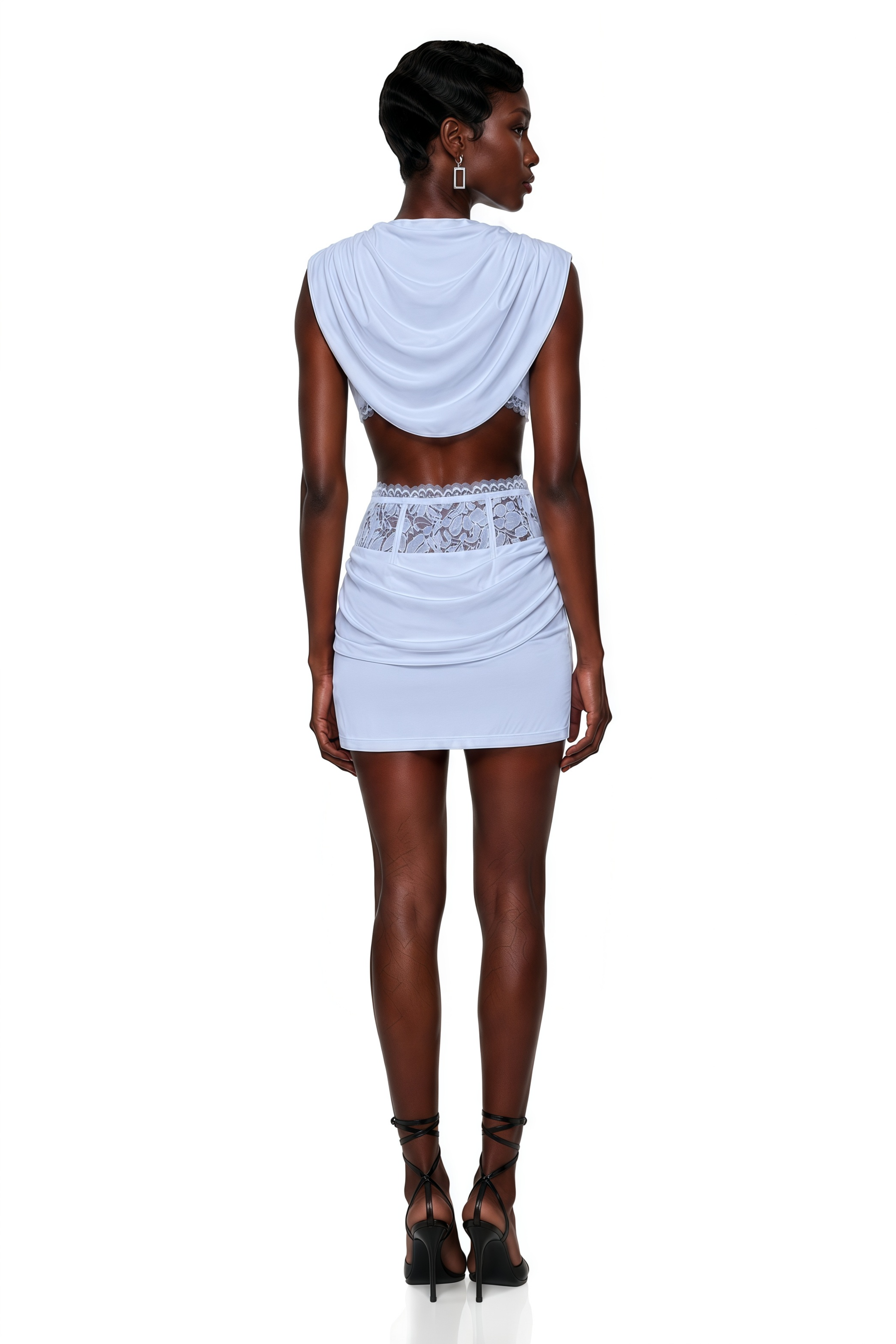 Siosi Blue Ruched Top & Skirt Set with Lace Trim