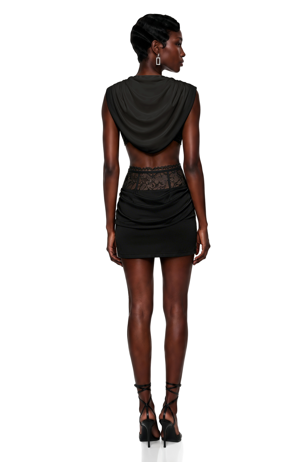 siosi black ruched top & skirt set with lace trim
