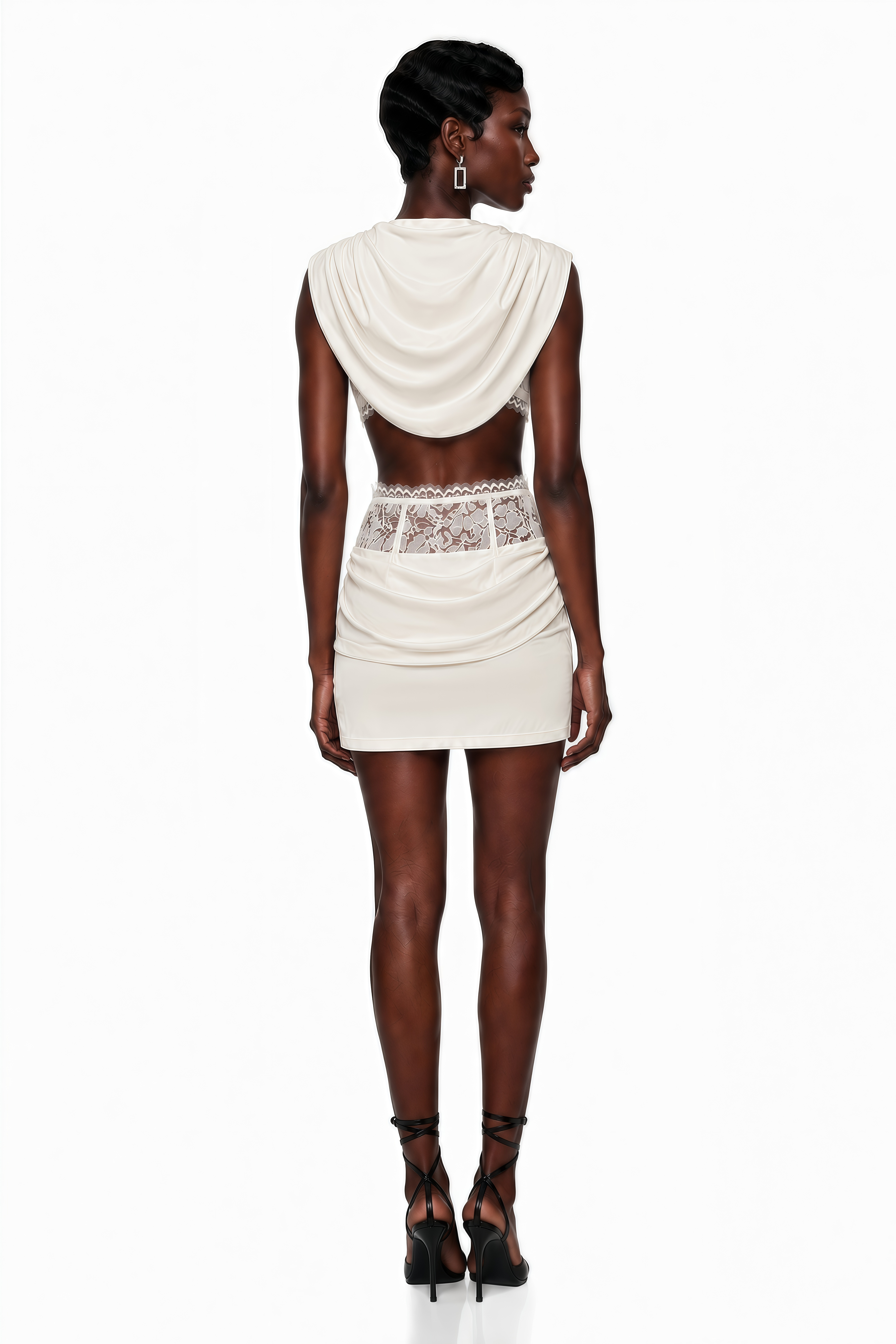 Siosi White Ruched Top & Skirt Set with Lace Trim