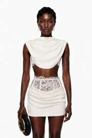 Siosi White Ruched Top & Skirt Set with Lace Trim