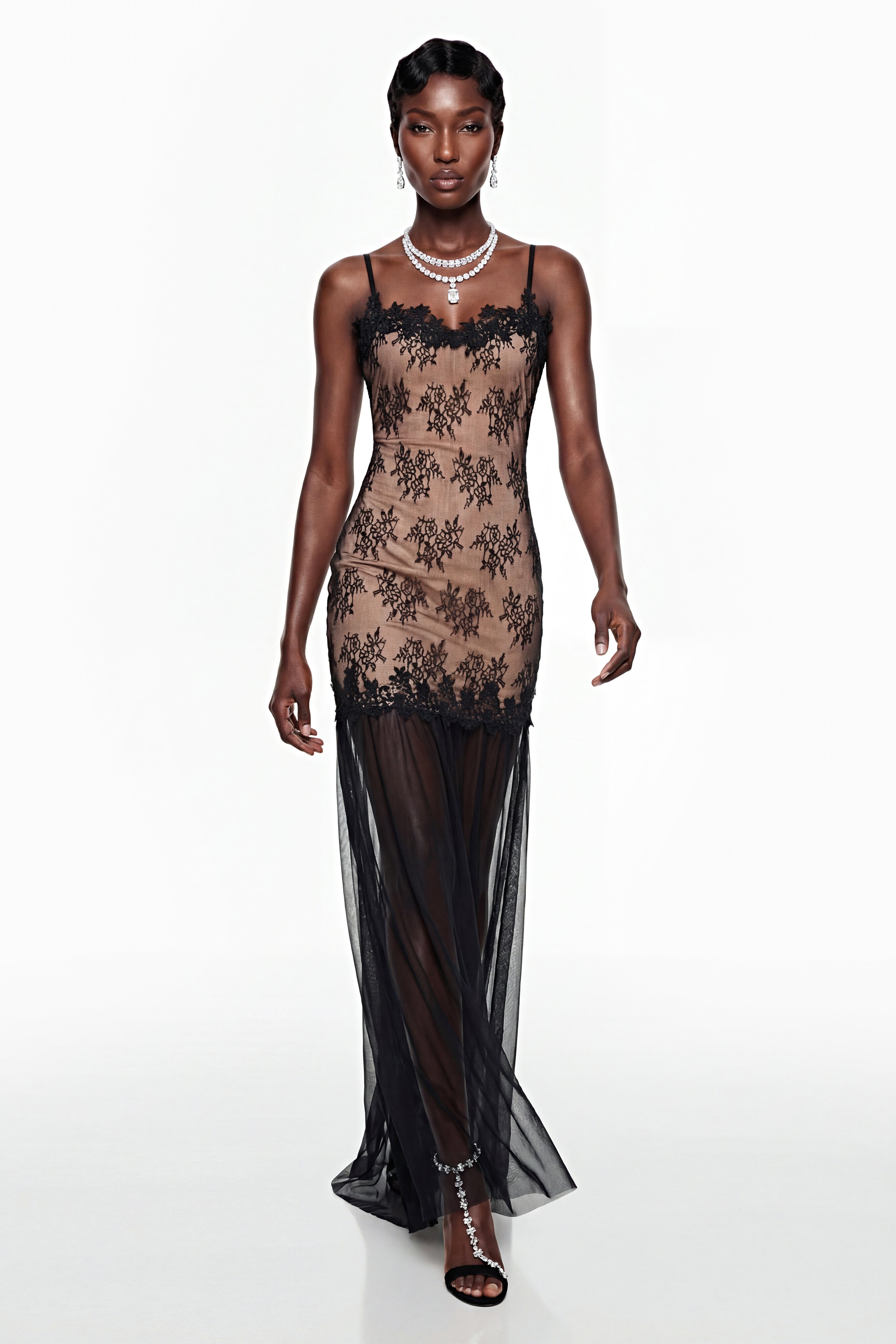 Sisanda Black Tulle Maxi Dress with Lace Panels