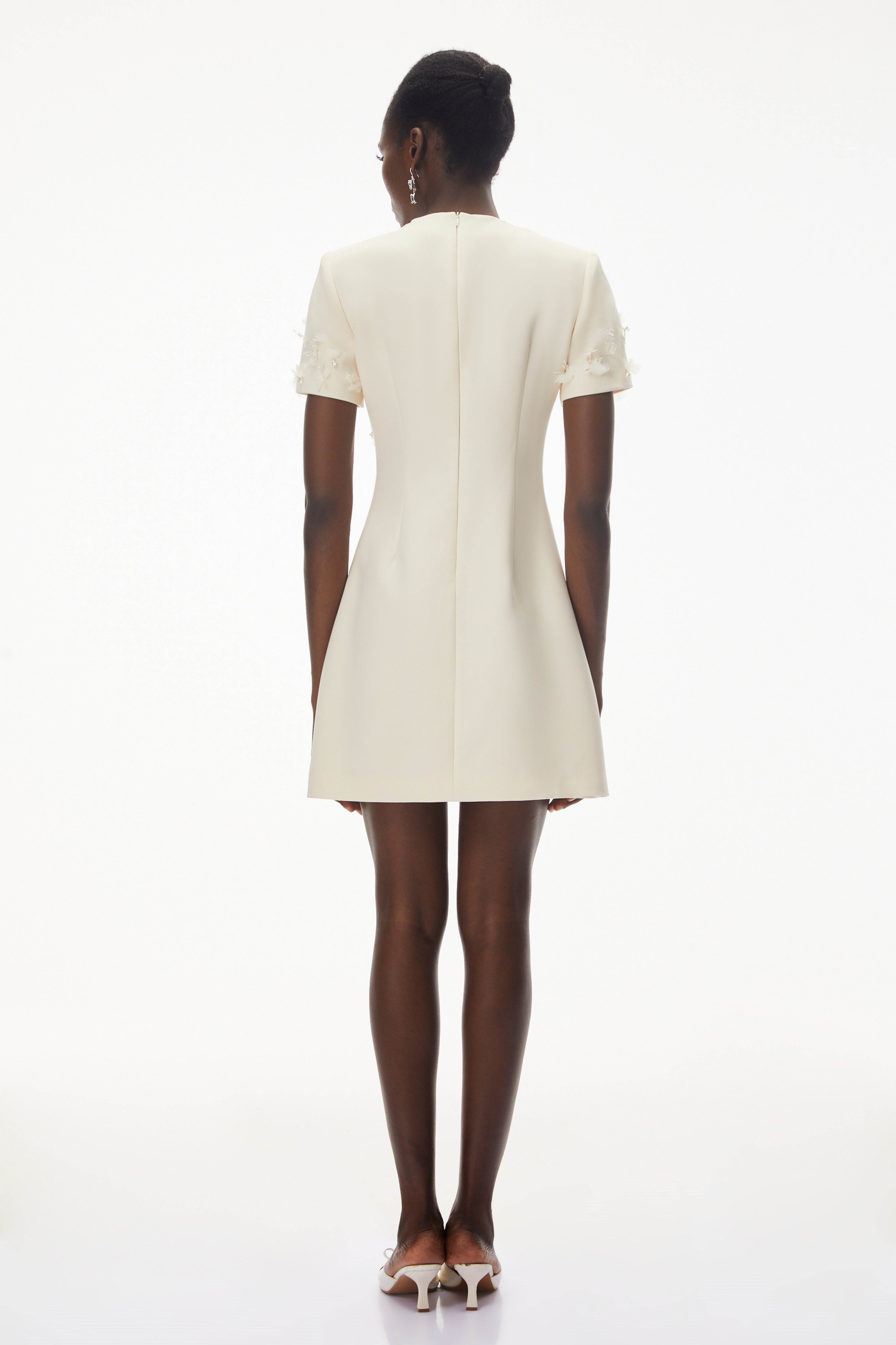 Skye Ivory Round Neck Mini Dress with Floral Applique