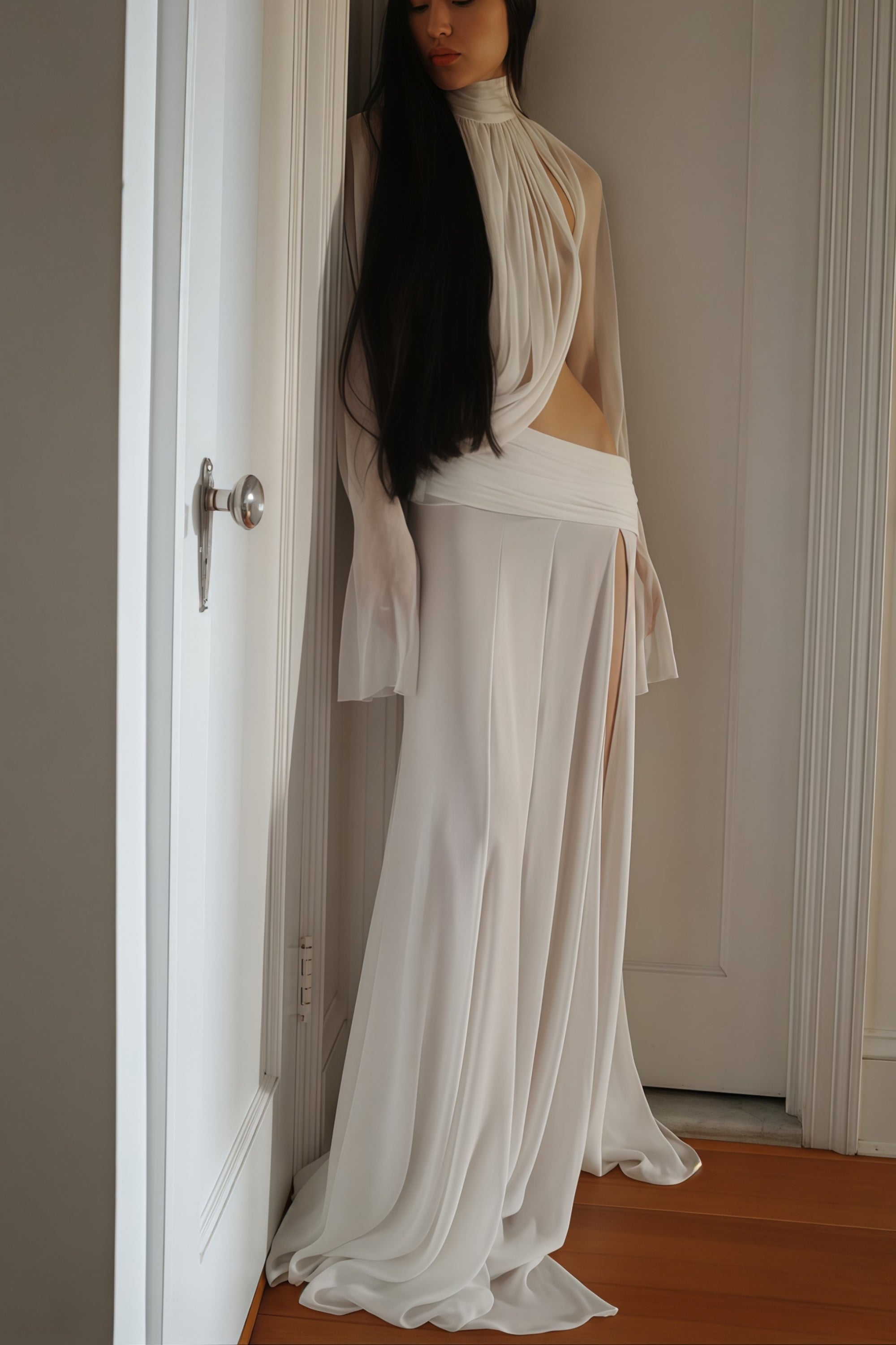 Giuseppina White High Neck Cut-Out Top & Skirt Set