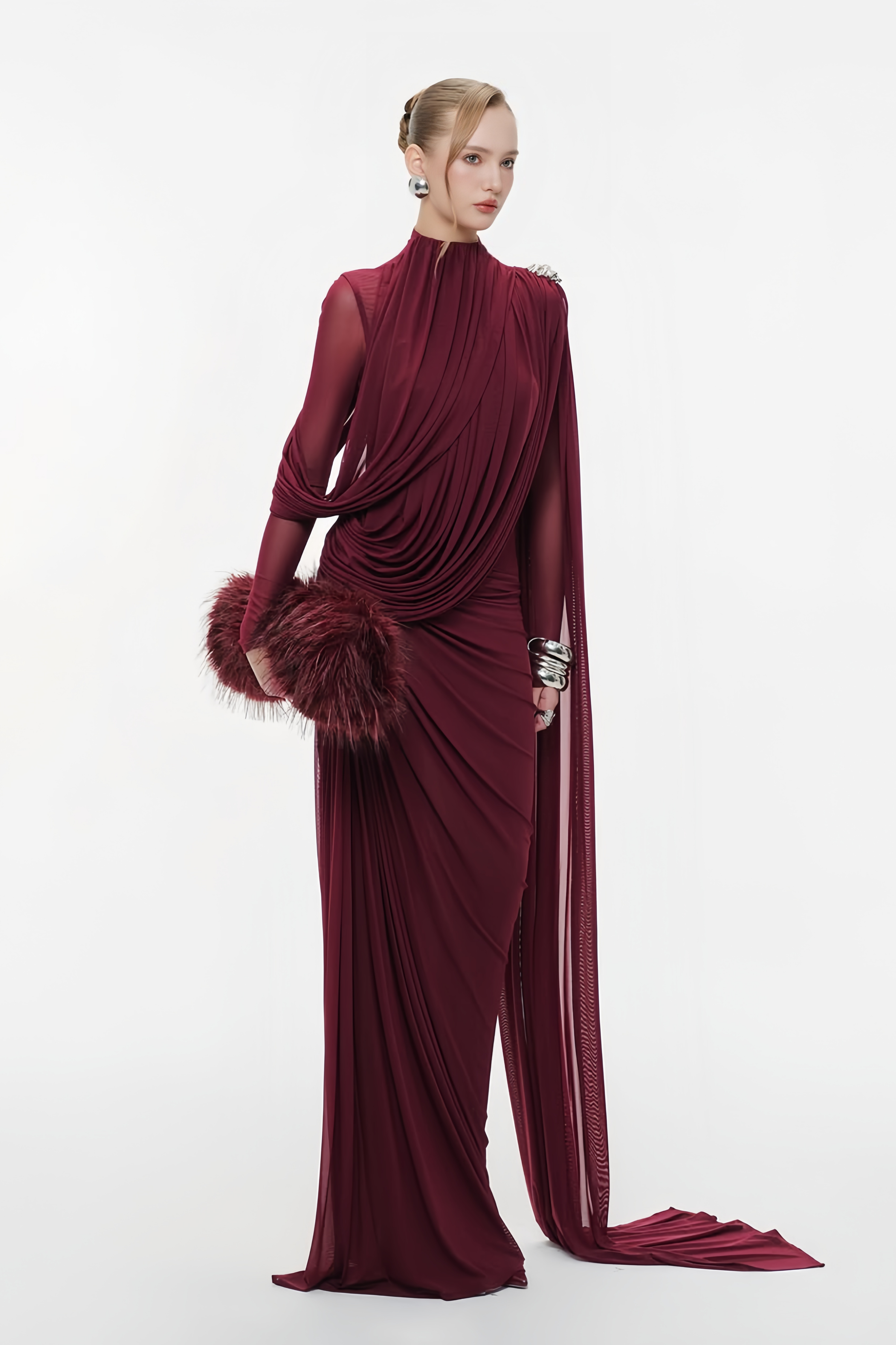 Newton Red Asymmetrical Ribbon Ruched Maxi Dress