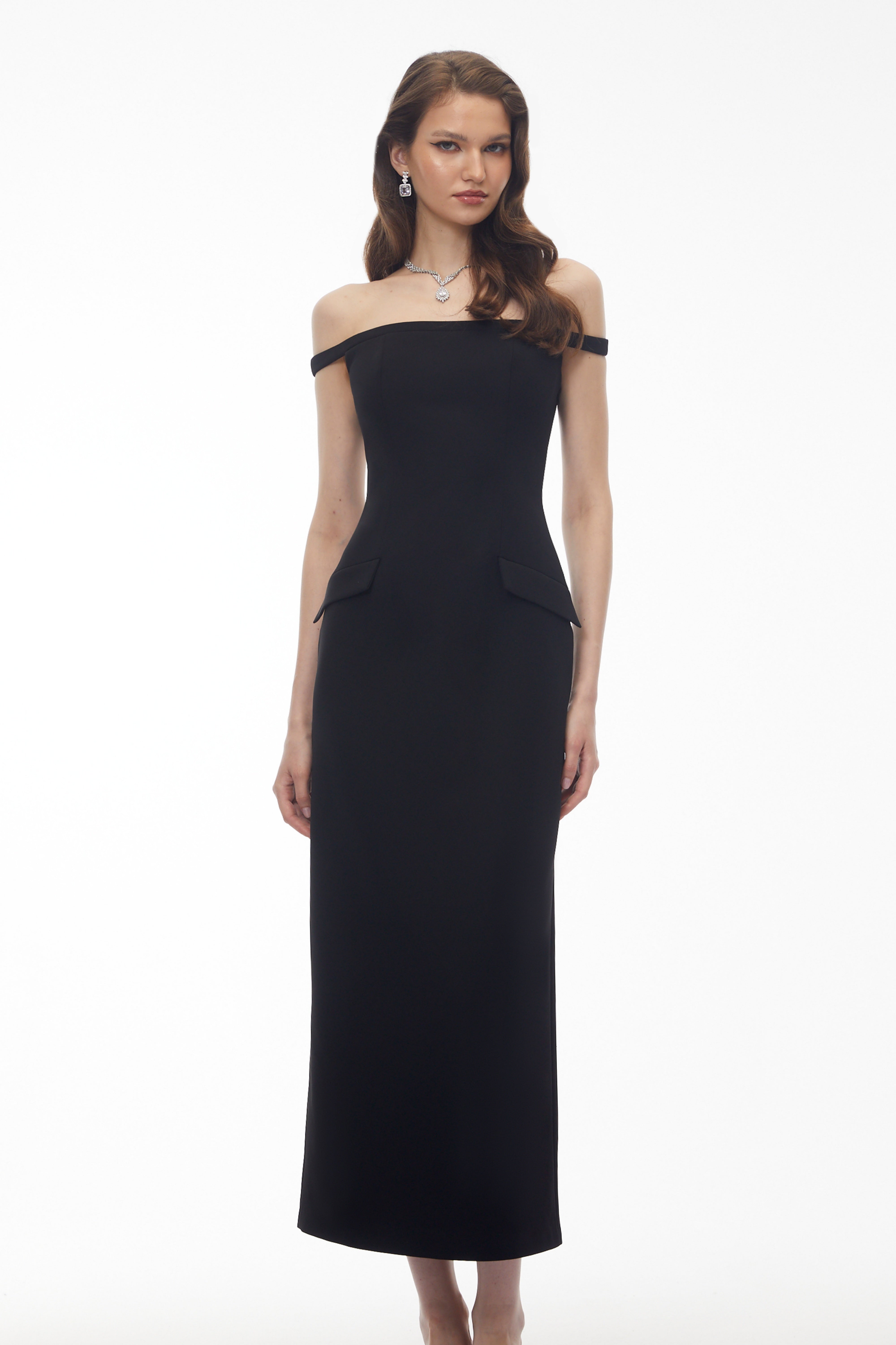 Sofia Black Off Shoulder Backless Maxi Dress with Pearl Chain (Final Sale)