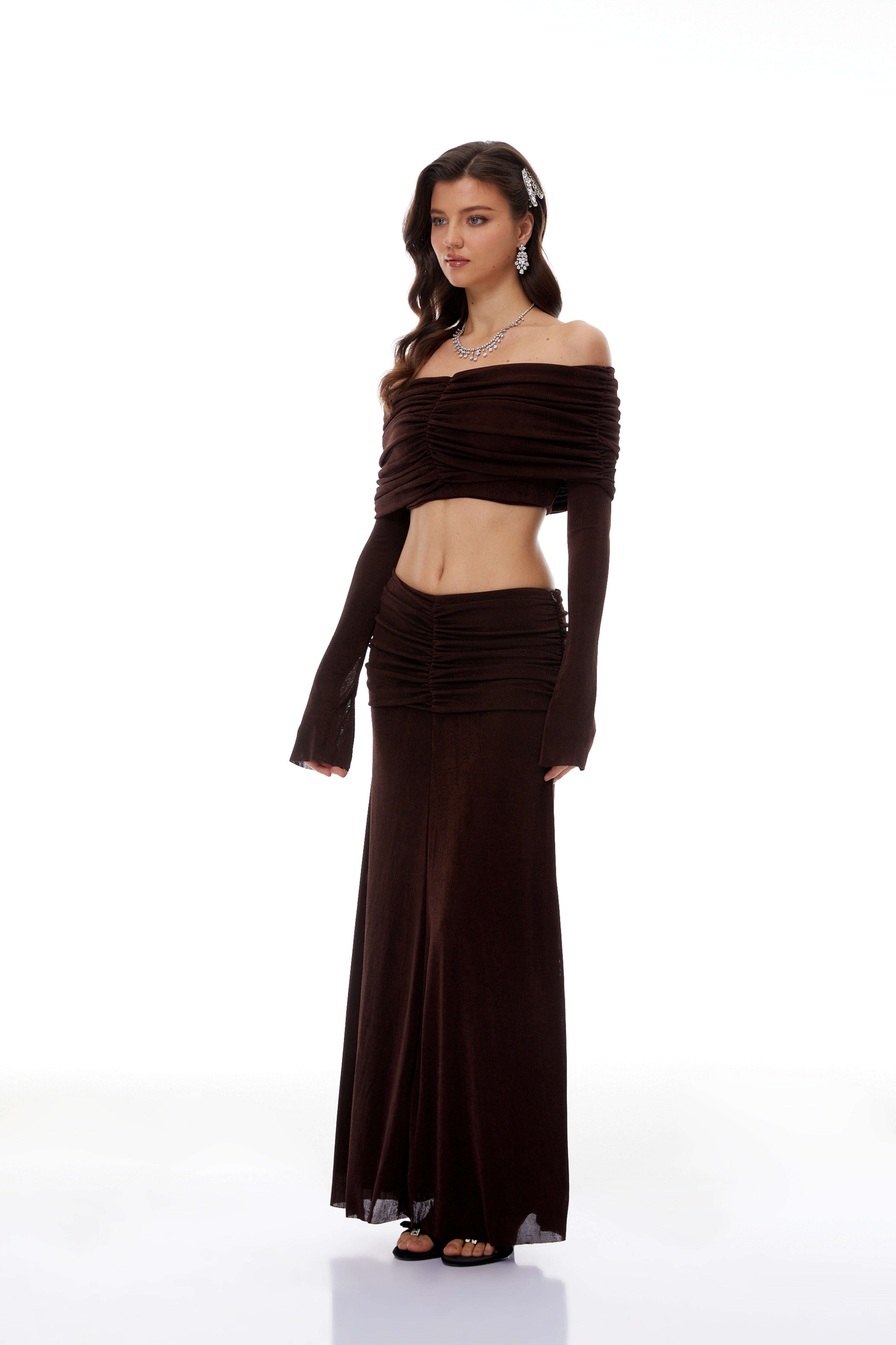 Solene Brown Off-Shoulder Top & Ruched Skirt Set (Final Sale)