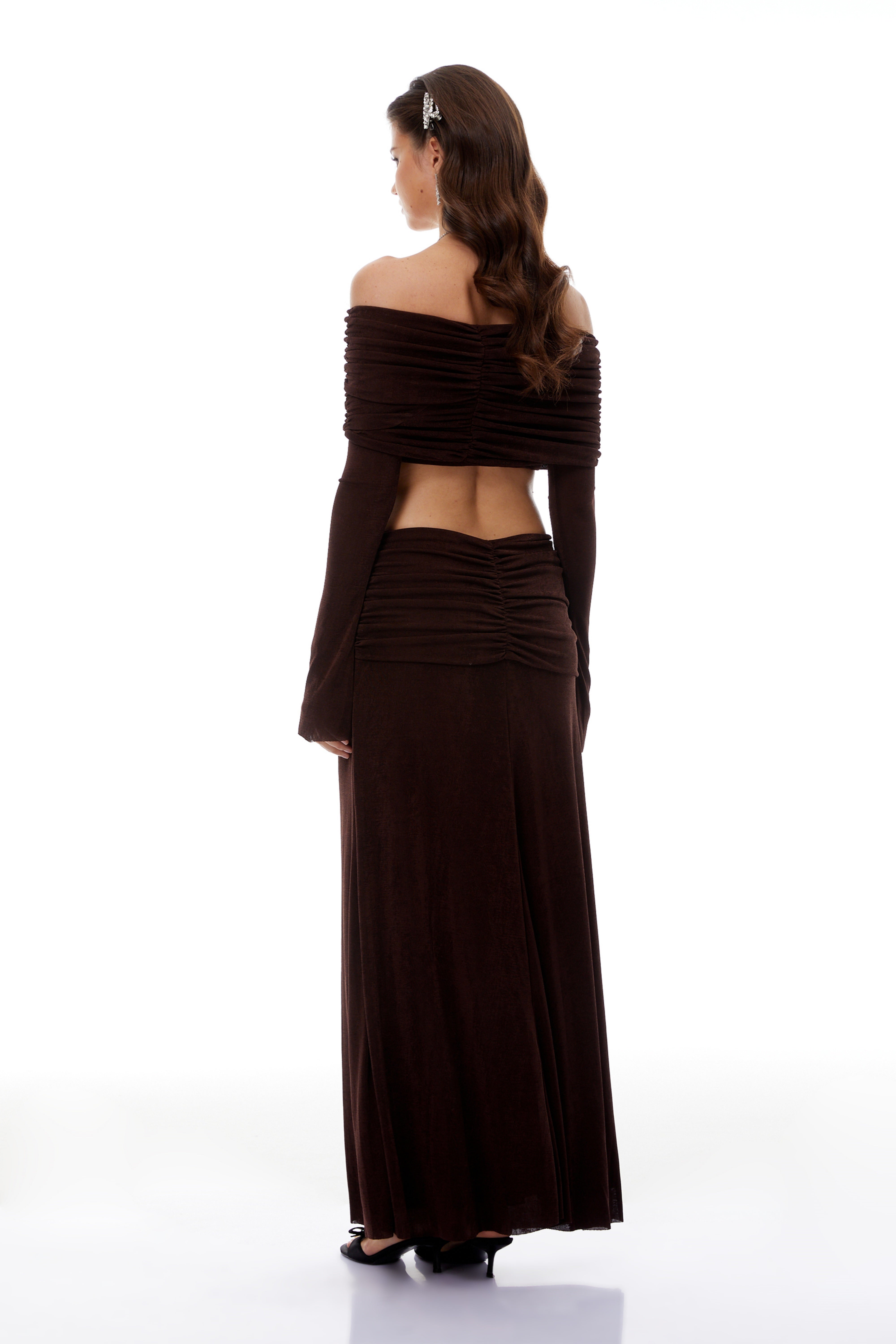 Solene Brown Off-Shoulder Top & Ruched Skirt Set (Final Sale)