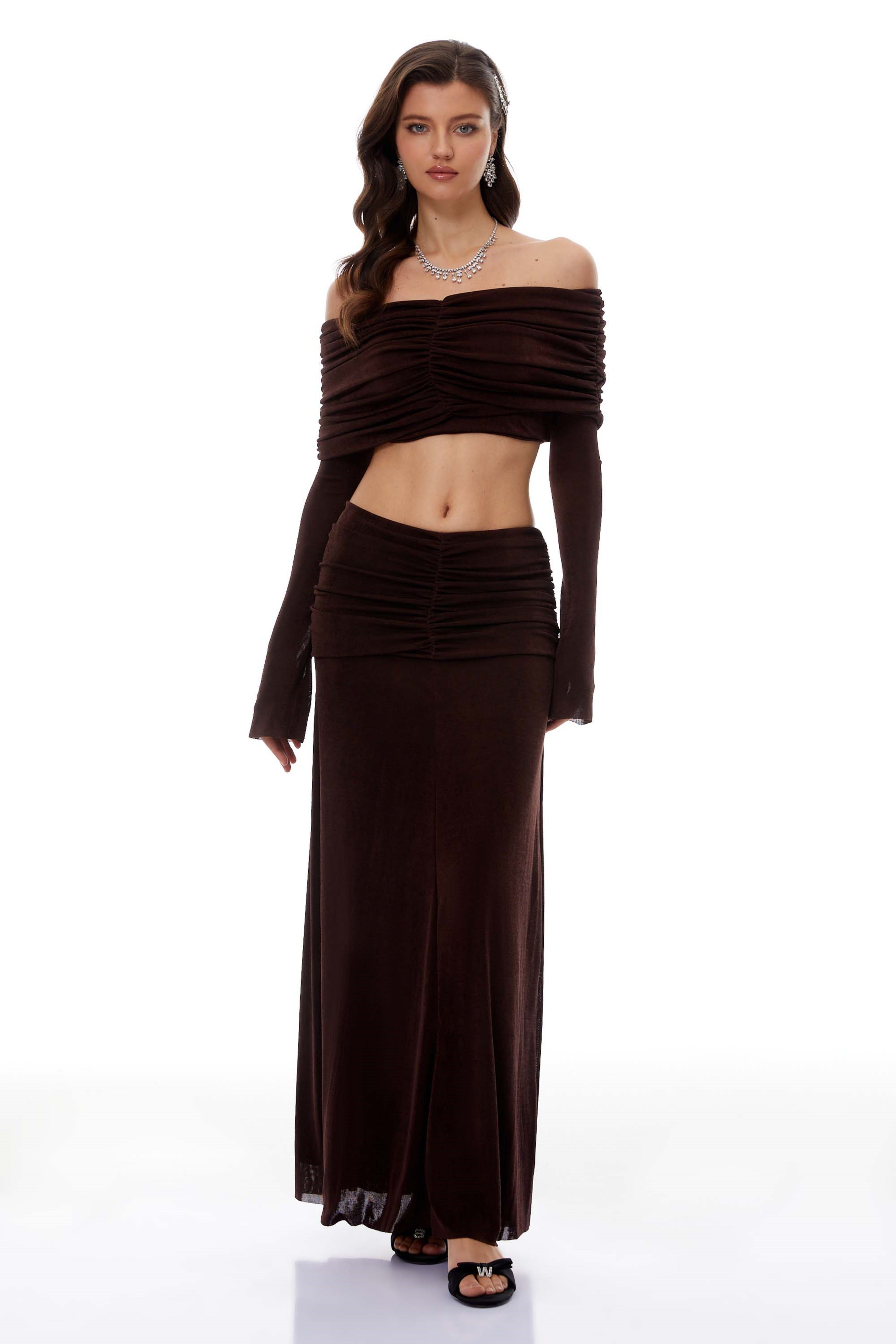 Solene Brown Off-Shoulder Top & Ruched Skirt Set (Final Sale)