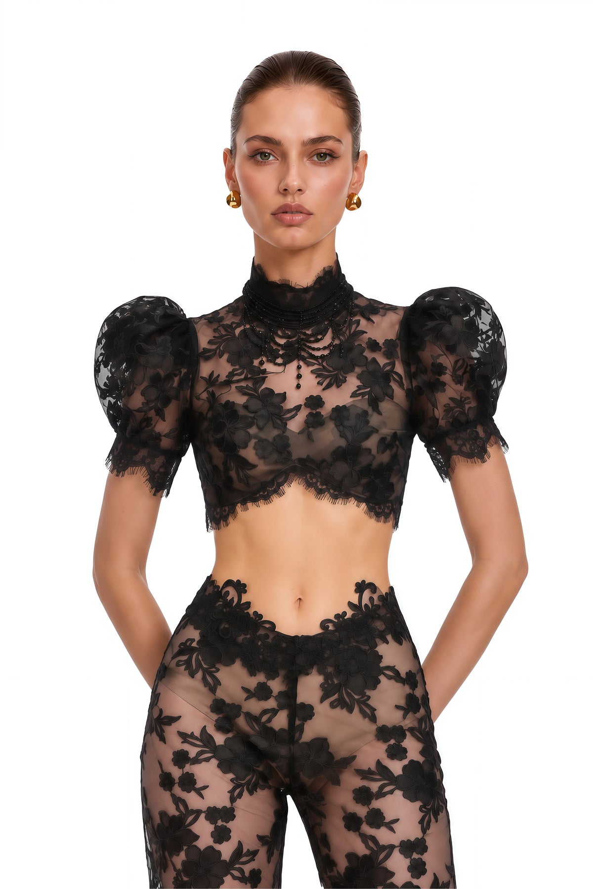 solina black lace crop top & flared trousers set