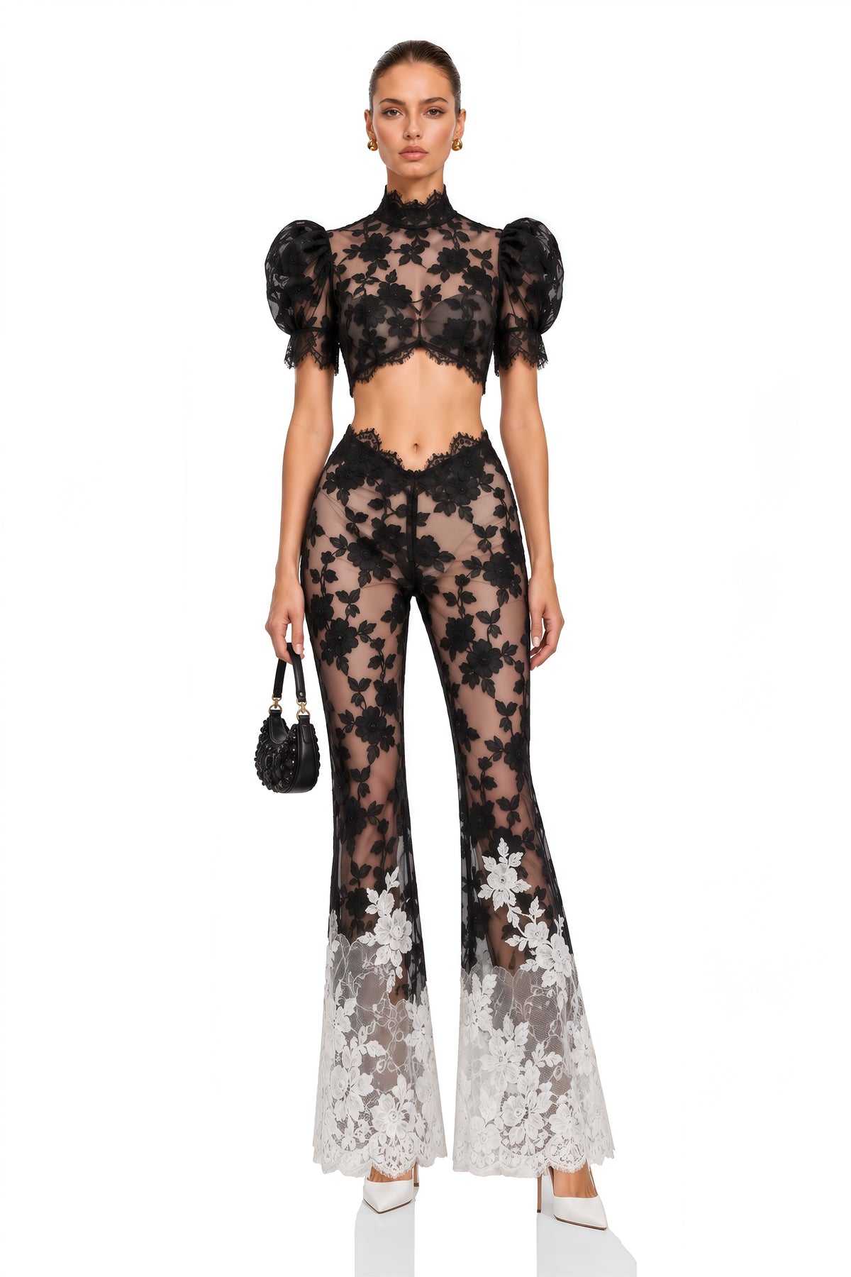 solina black lace crop top & flared trousers set