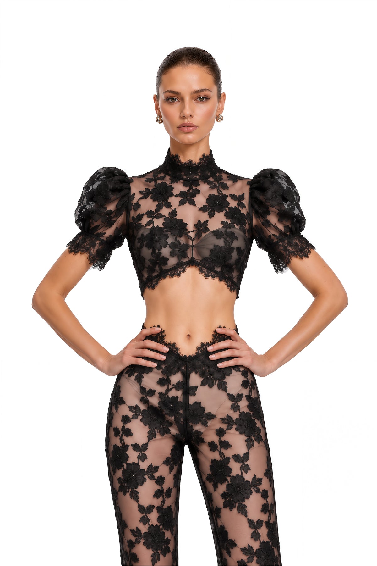 solina black lace crop top & flared trousers set