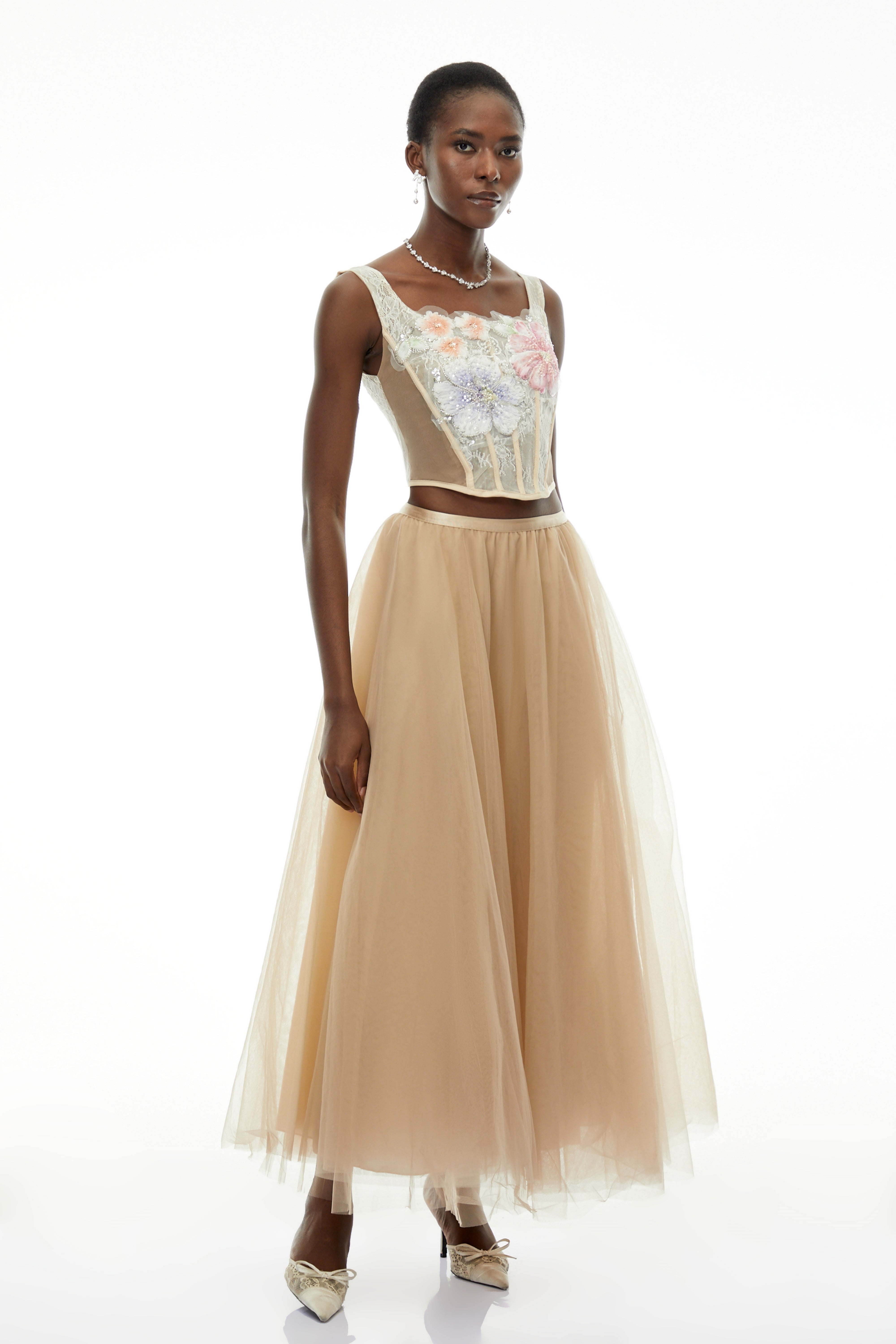 Solveig Champagne 3D Floral Applique Top & Skirt Set (Final Sale)