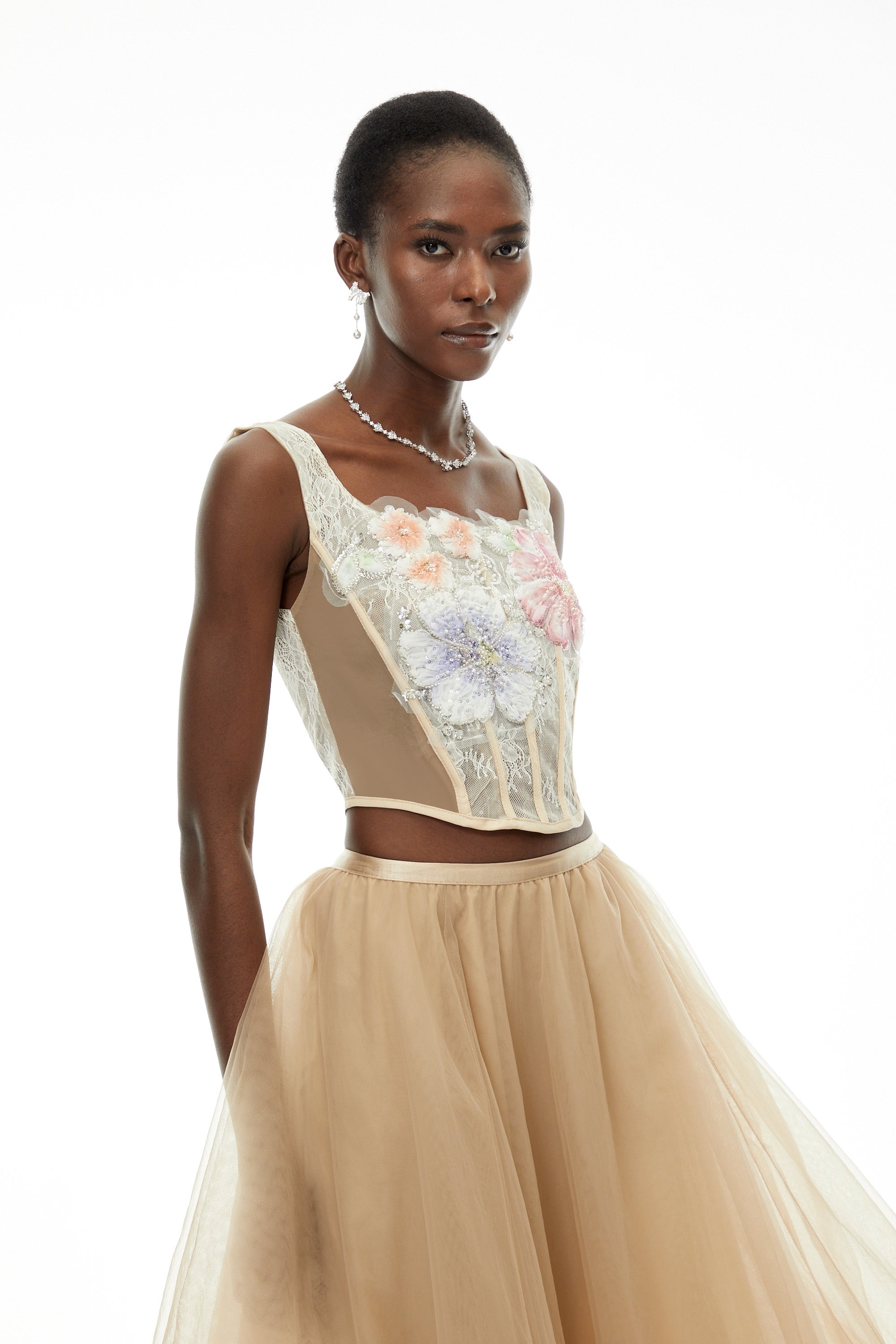 Solveig Champagne 3D Floral Applique Top & Skirt Set (Final Sale)