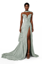 Solveig Green Off Shoulder Pleated Maxi Dress with Hign Slit