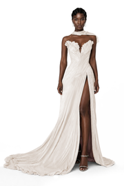 Solveig White Off Shoulder Pleated Maxi Dress with Hign Slit