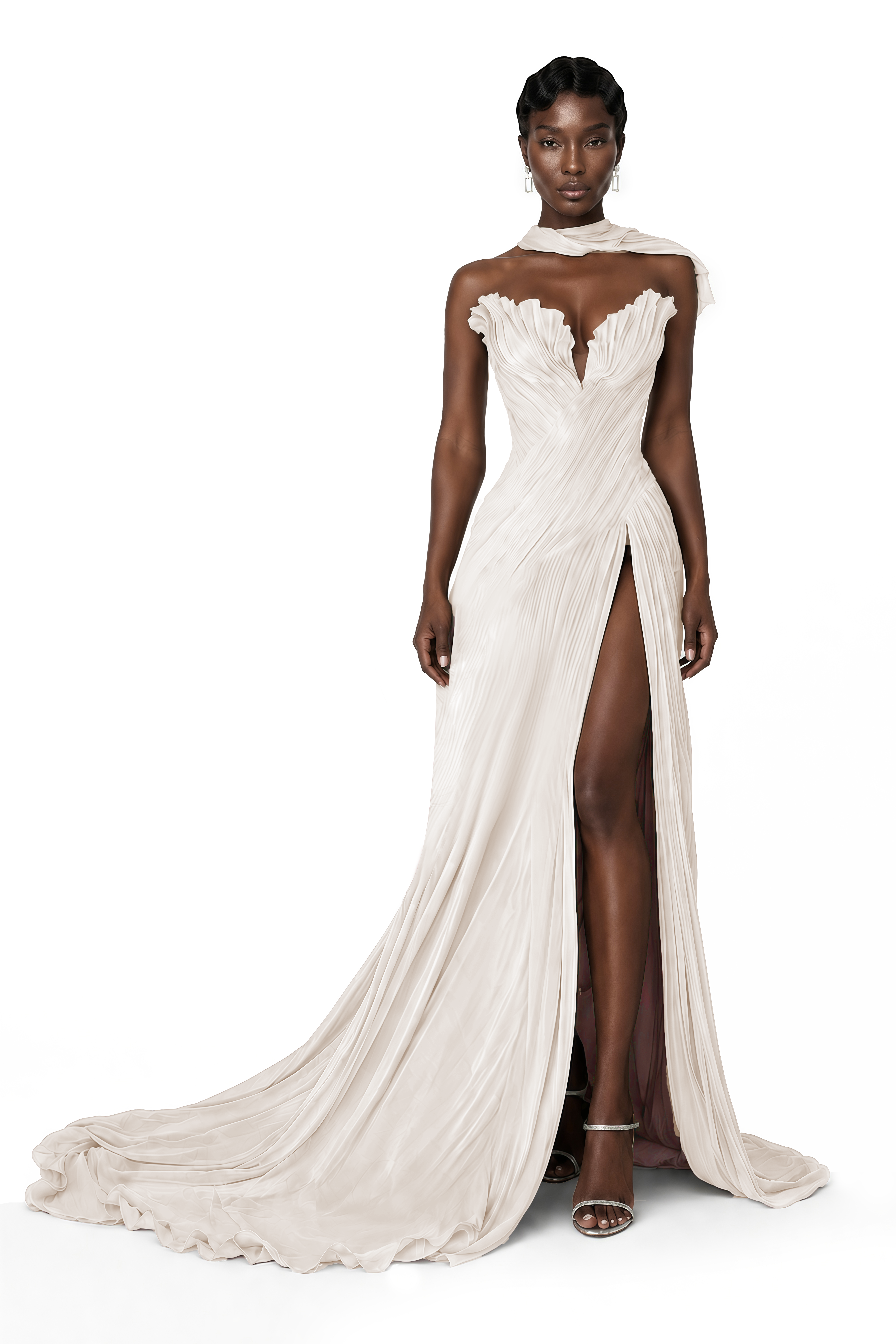 Solveig White Off Shoulder Pleated Maxi Dress with Hign Slit