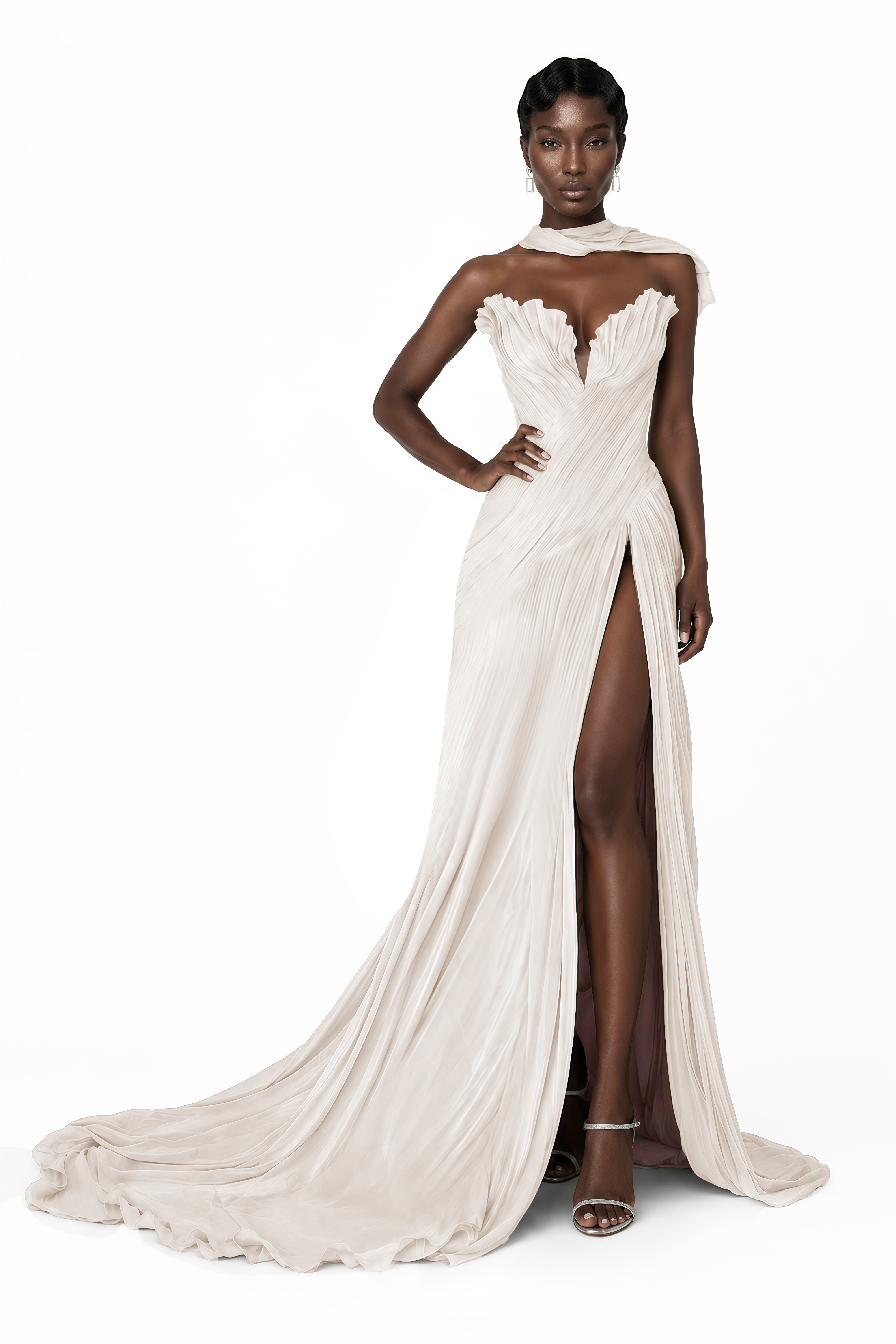 Solveig White Off Shoulder Pleated Maxi Dress with Hign Slit
