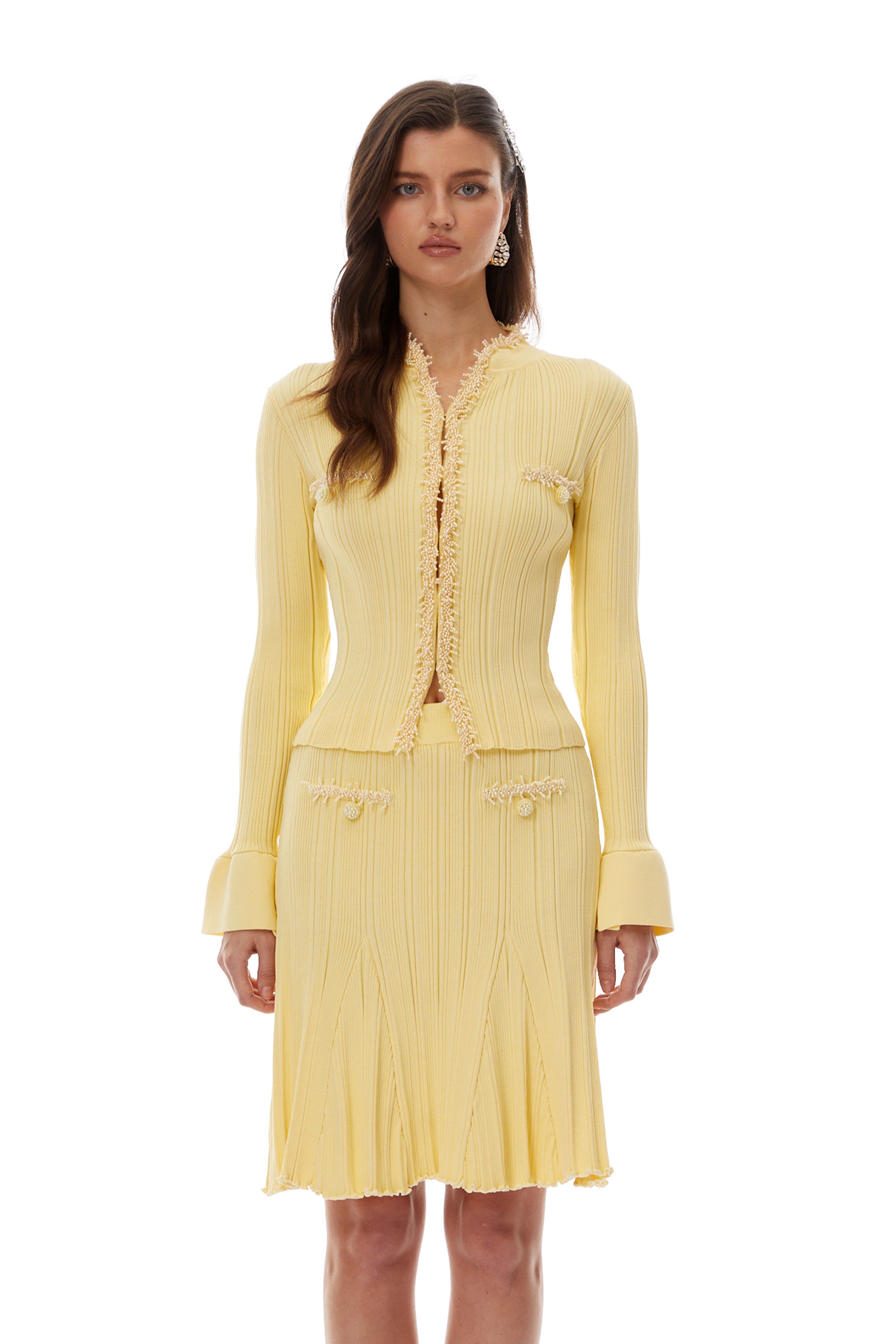 Sólveig Yellow Beaded Knit Blouse & Skirt Set