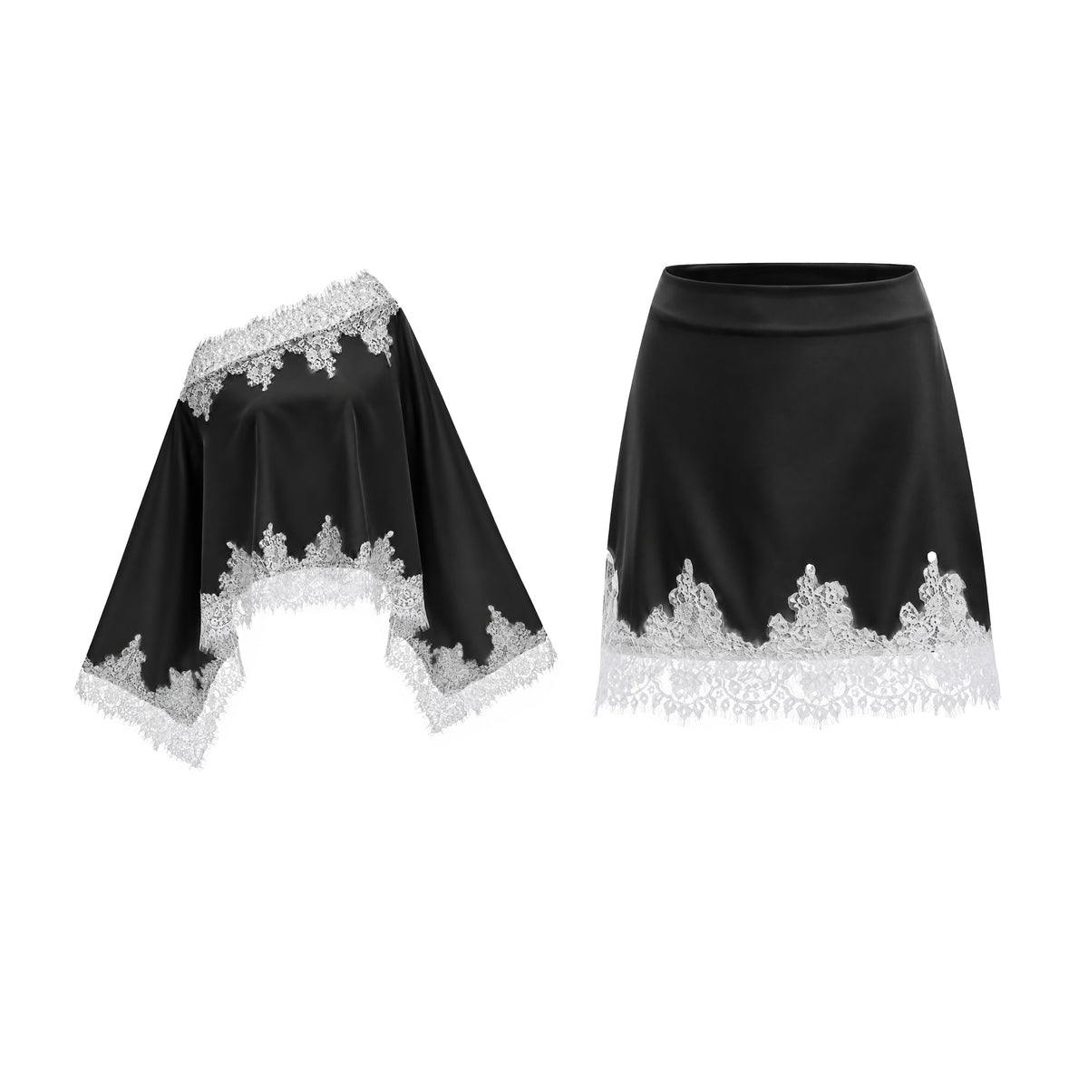 sophia black one shoulder top & skirt set with lace trim