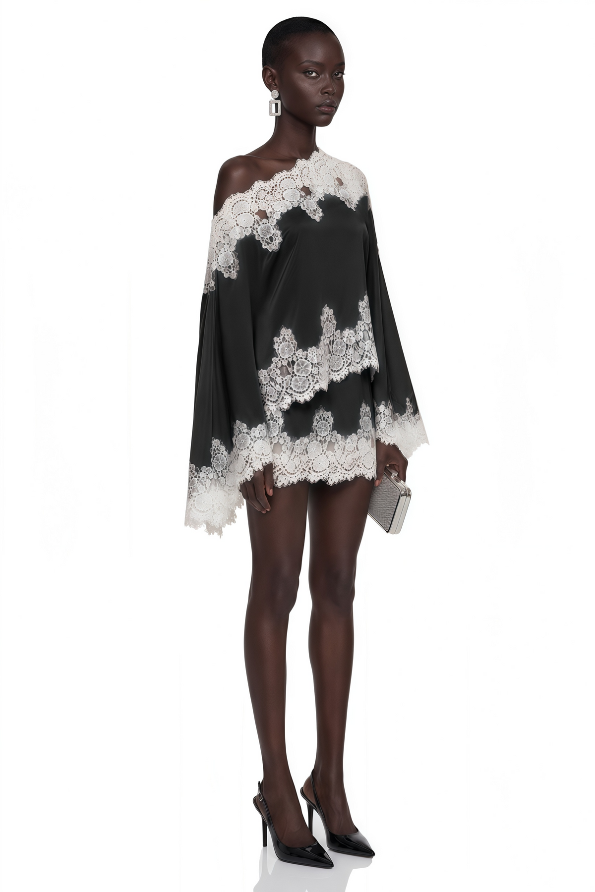 sophia black one shoulder top & skirt set with lace trim