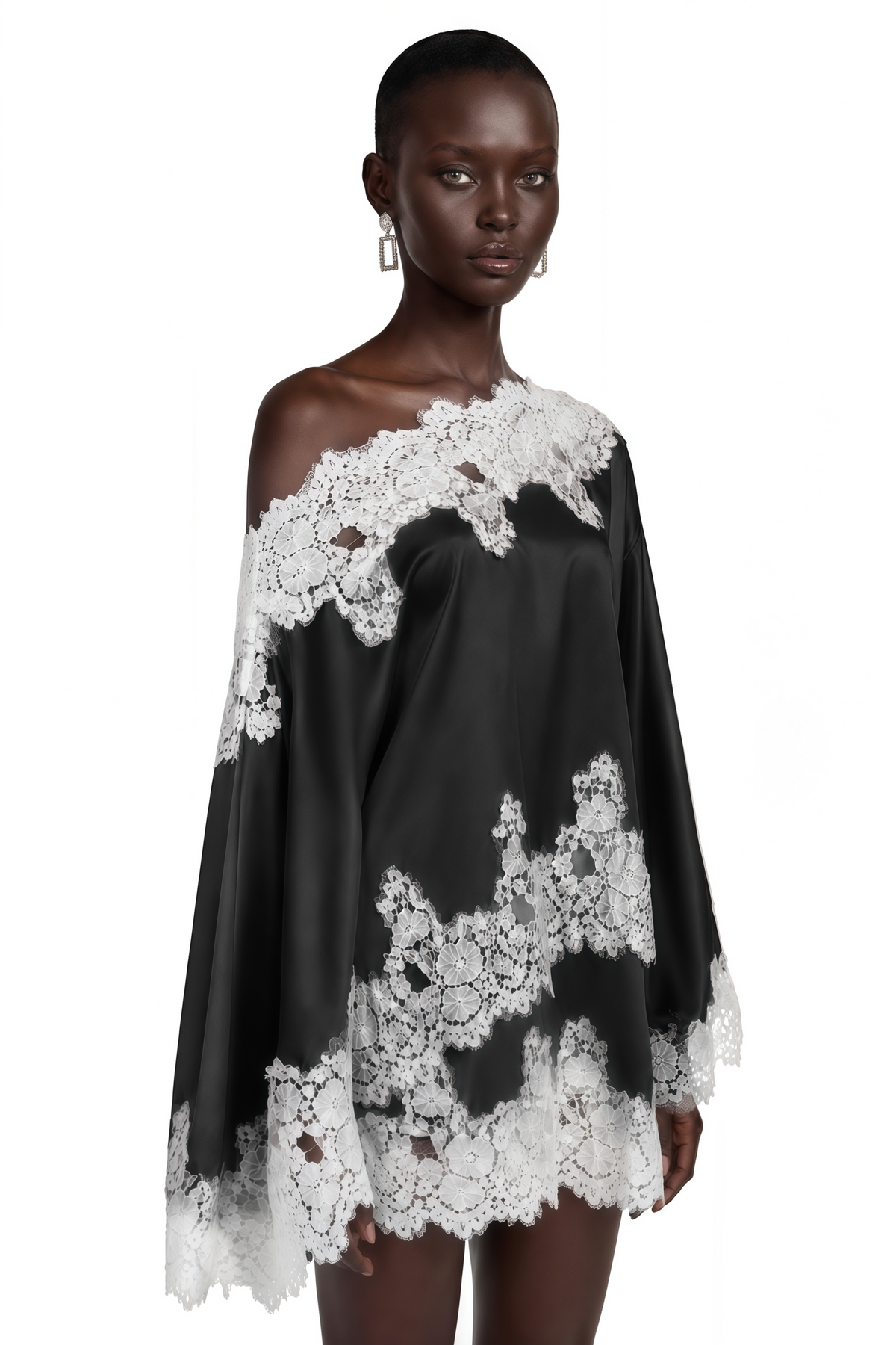 sophia black one shoulder top & skirt set with lace trim