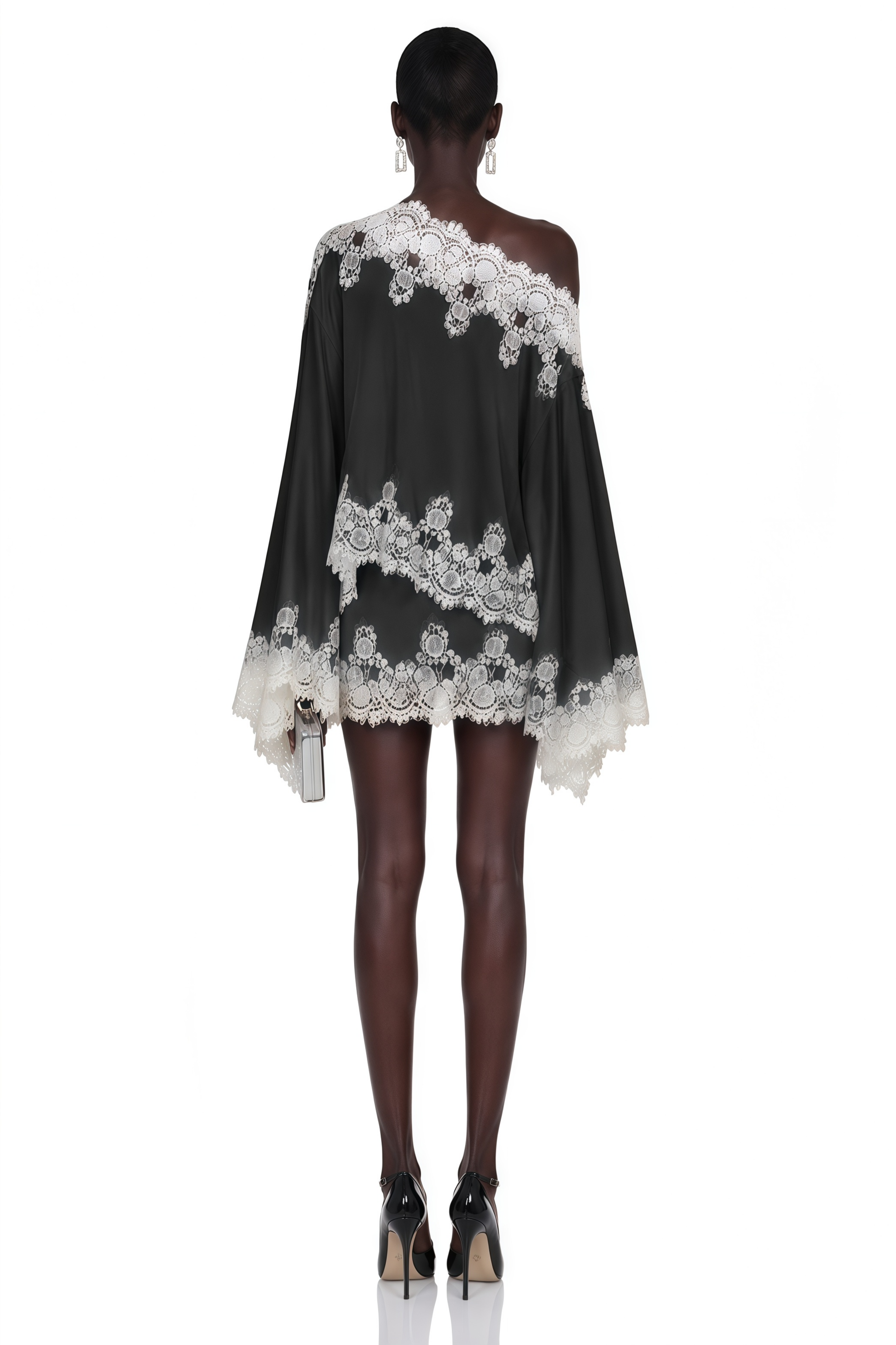 Sophia Black One Shoulder Top & Skirt Set with Lace Trim