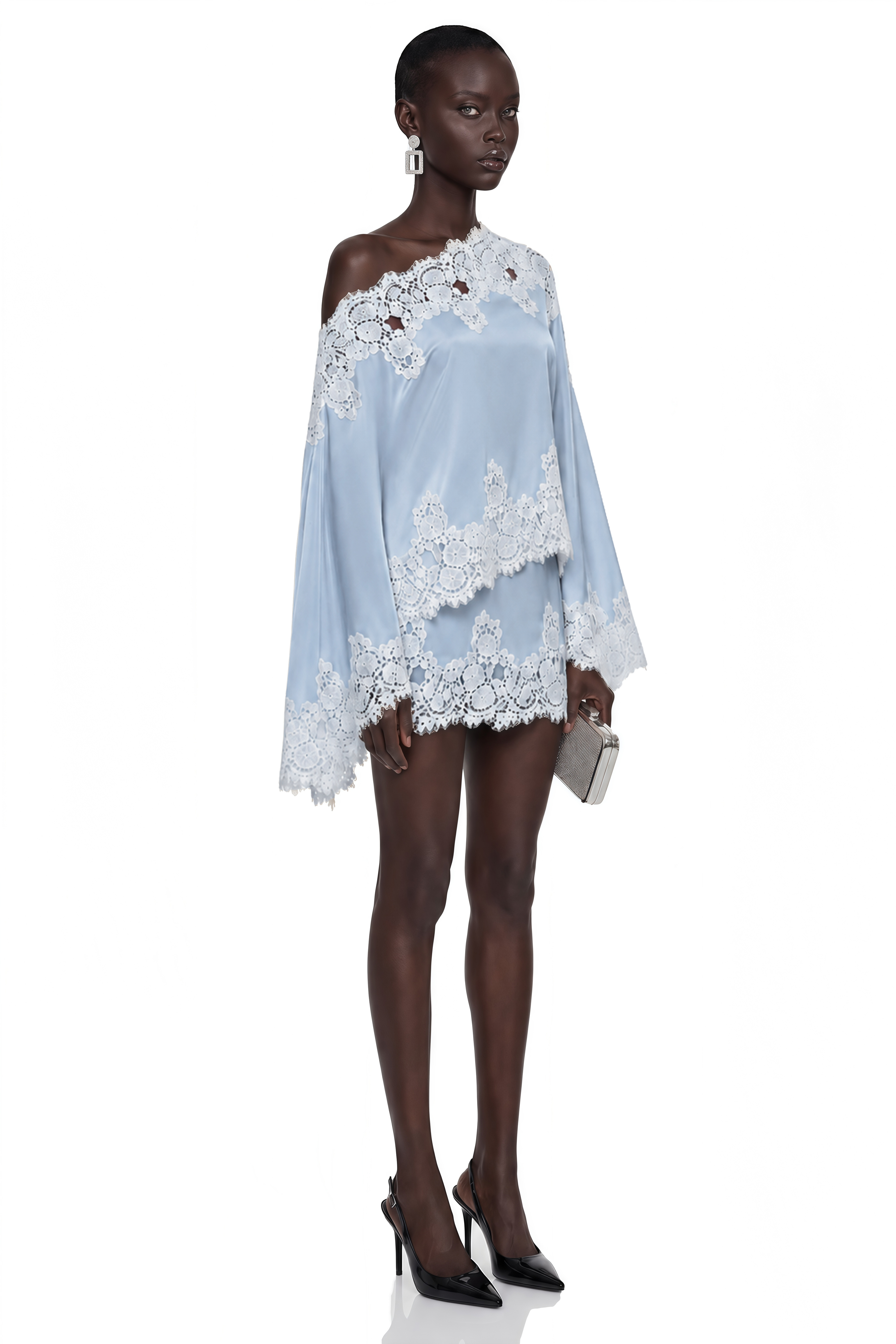 Sophia Blue One Shoulder Top & Skirt Set with Lace Trim