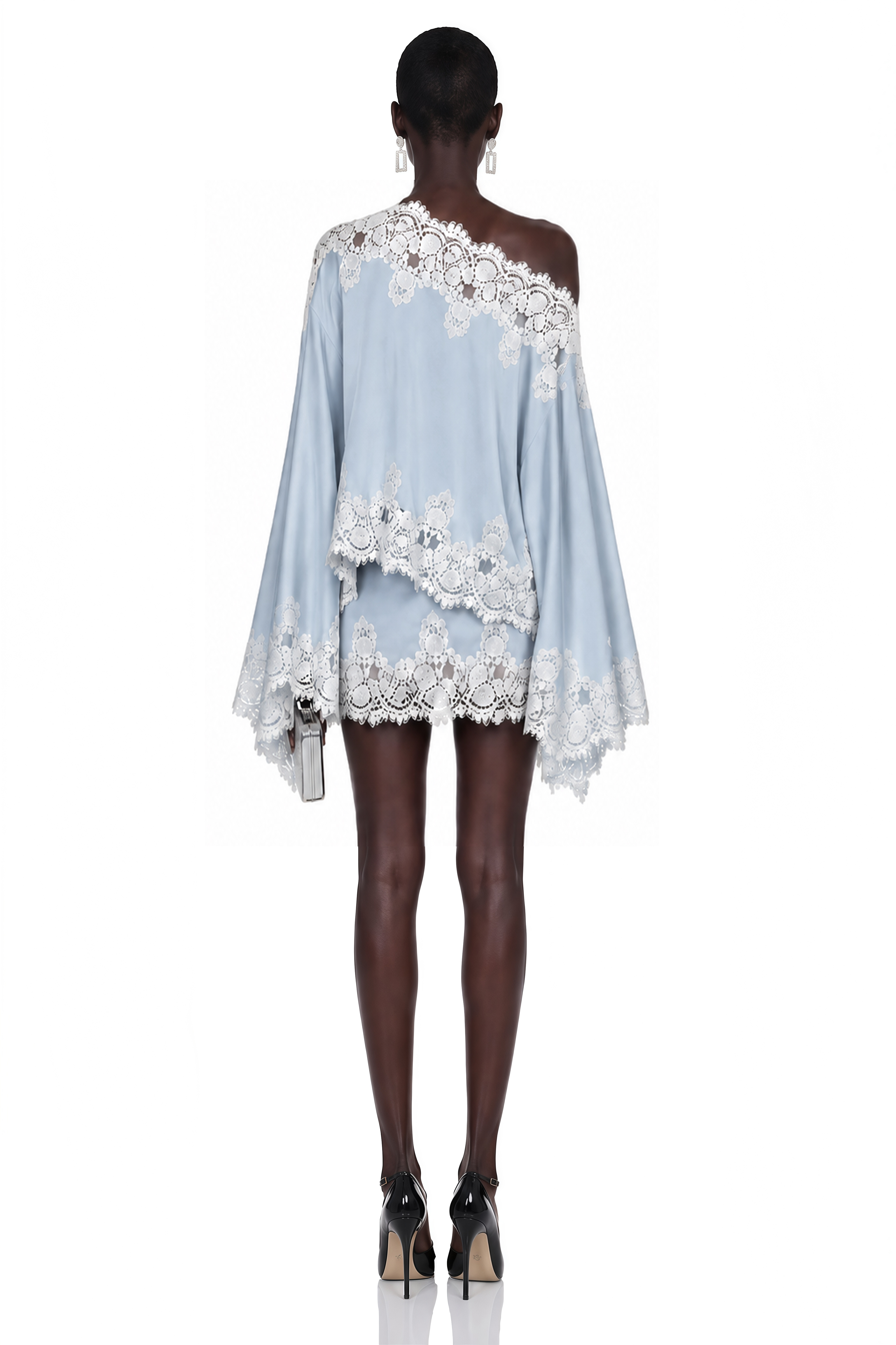Sophia Blue One Shoulder Top & Skirt Set with Lace Trim