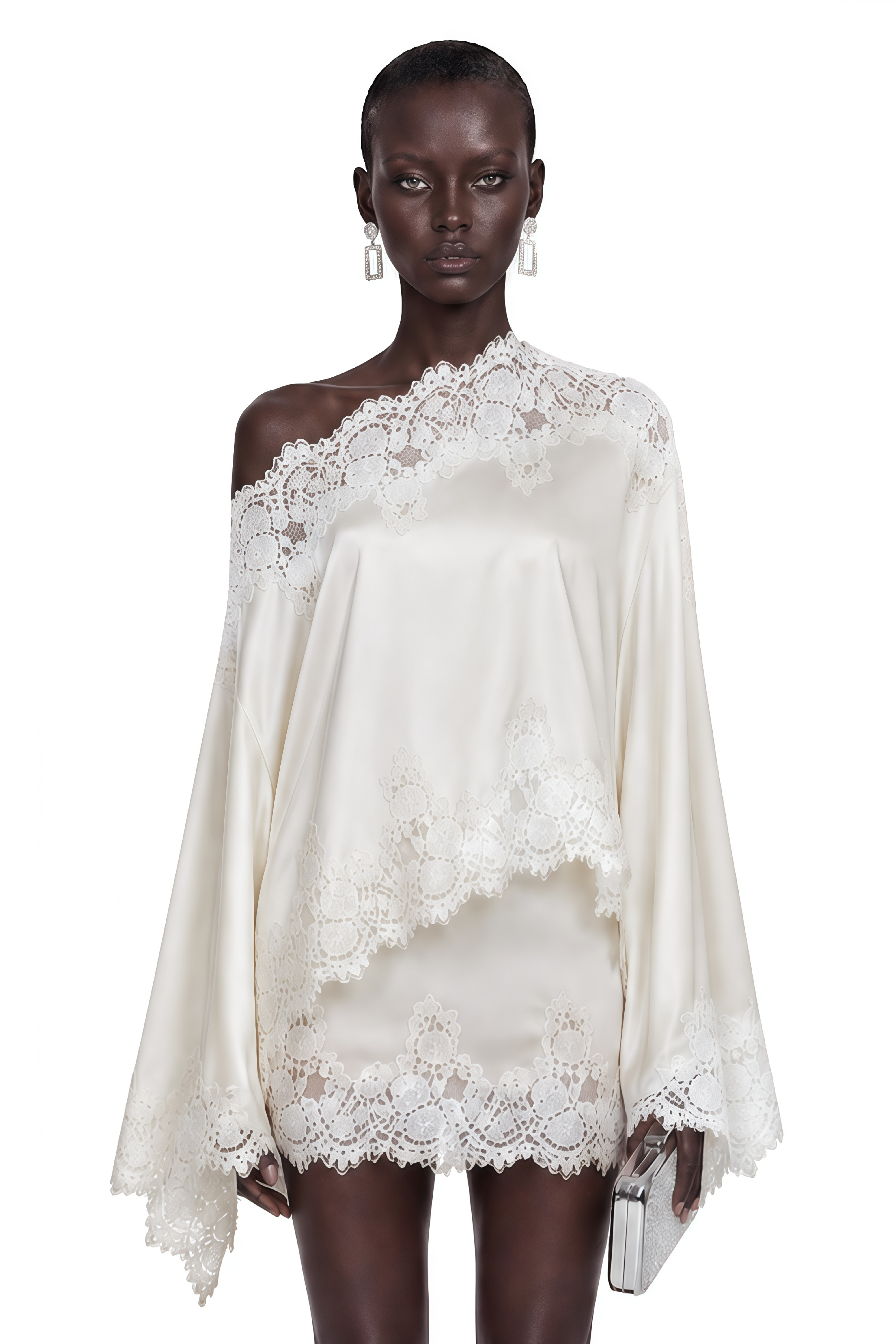 Sophia White One Shoulder Top & Skirt Set with Lace Trim