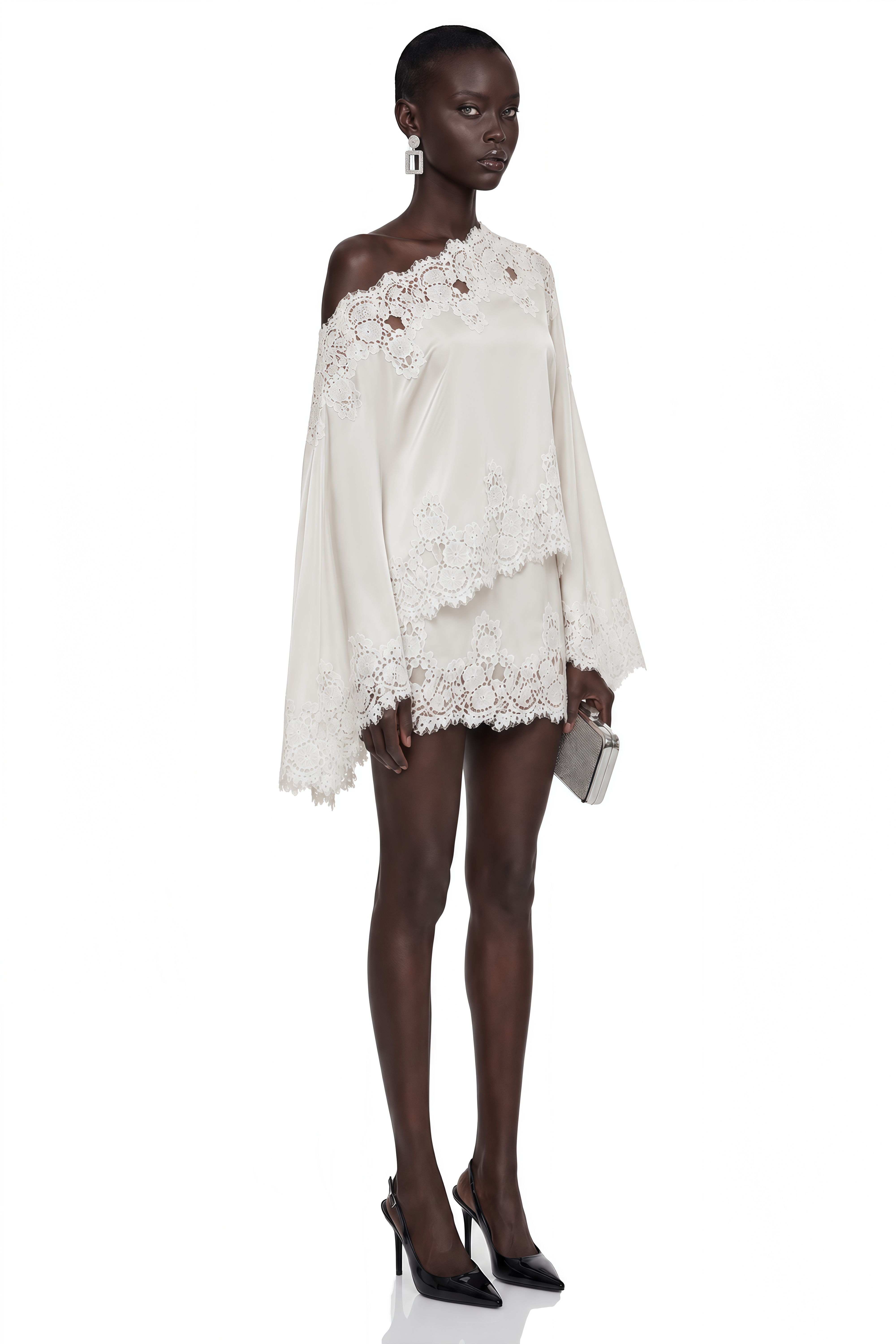 Sophia White One Shoulder Top & Skirt Set with Lace Trim